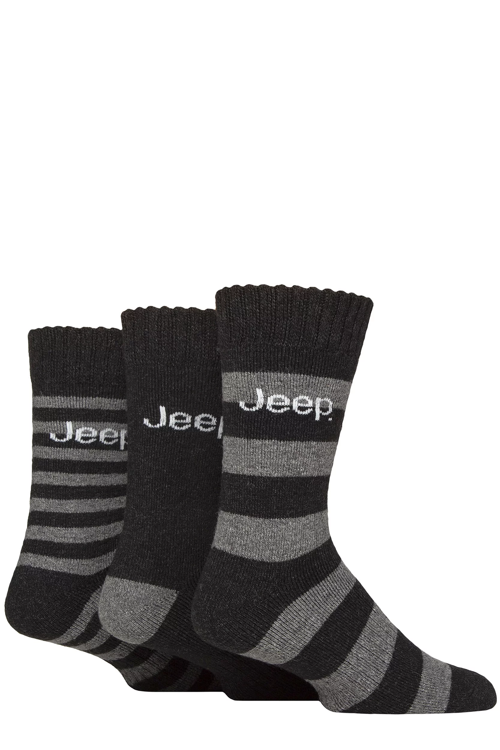 Mens 3 Pair Jeep Striped Wool Blend Thermal Boot Socks Black / Charcoal 6