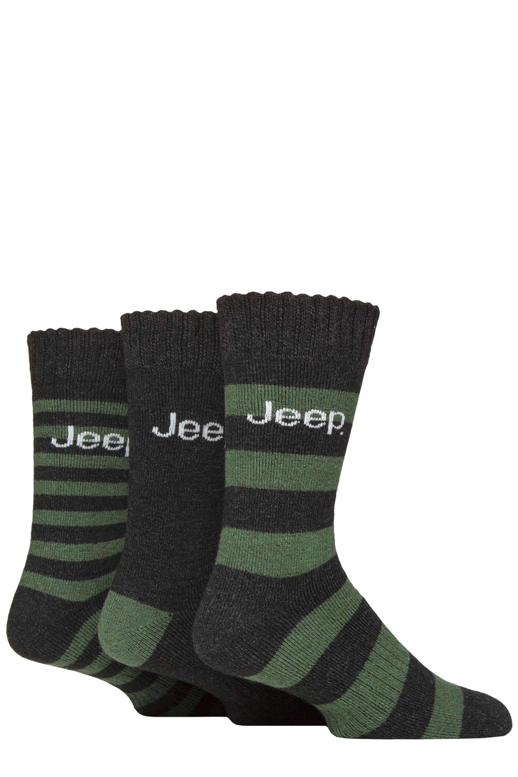Mens 3 Pair Jeep Striped Wool Blend Thermal Boot Socks Black / Green 6-11