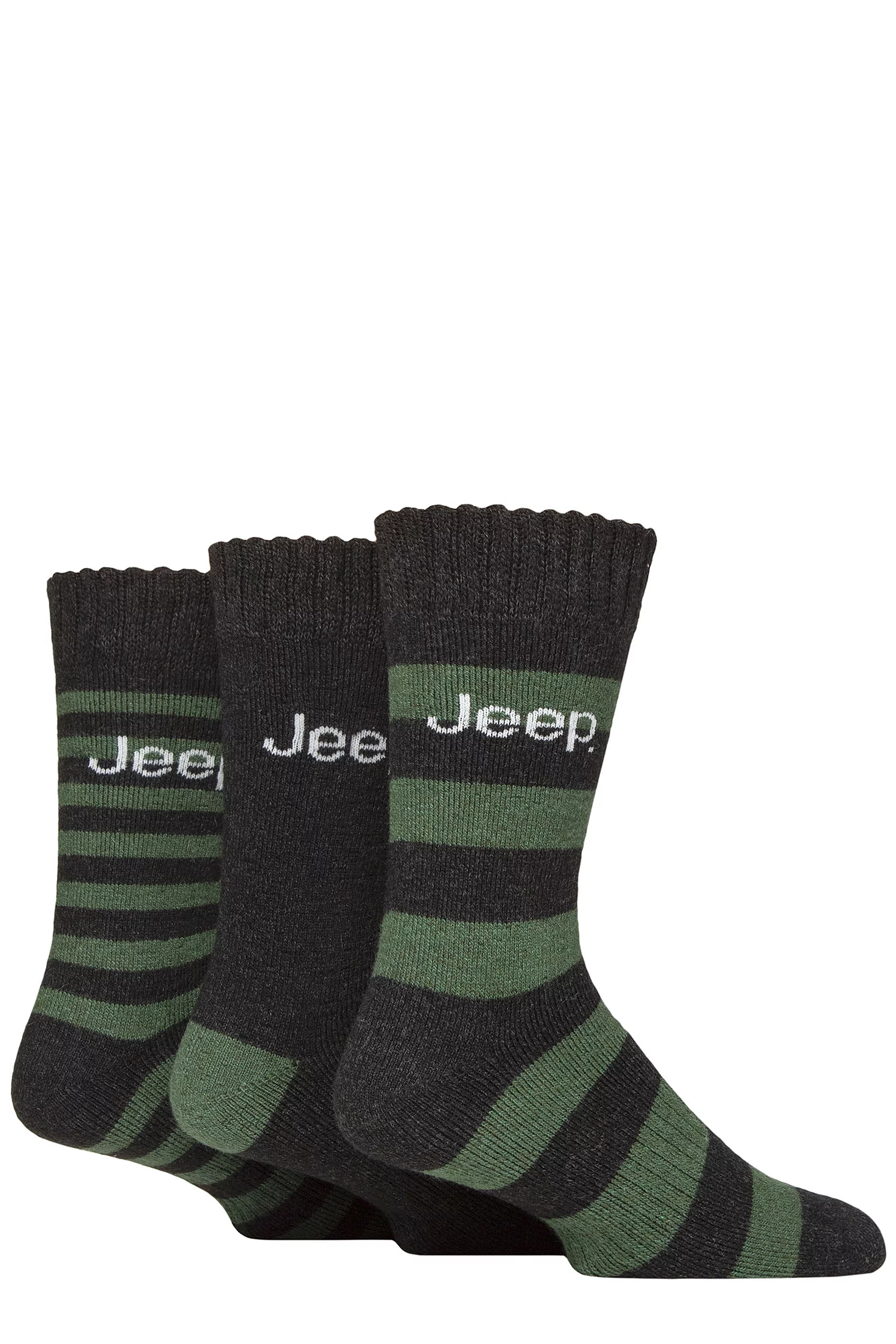 Mens 3 Pair Jeep Striped Wool Blend Thermal Boot Socks Black / Green 6