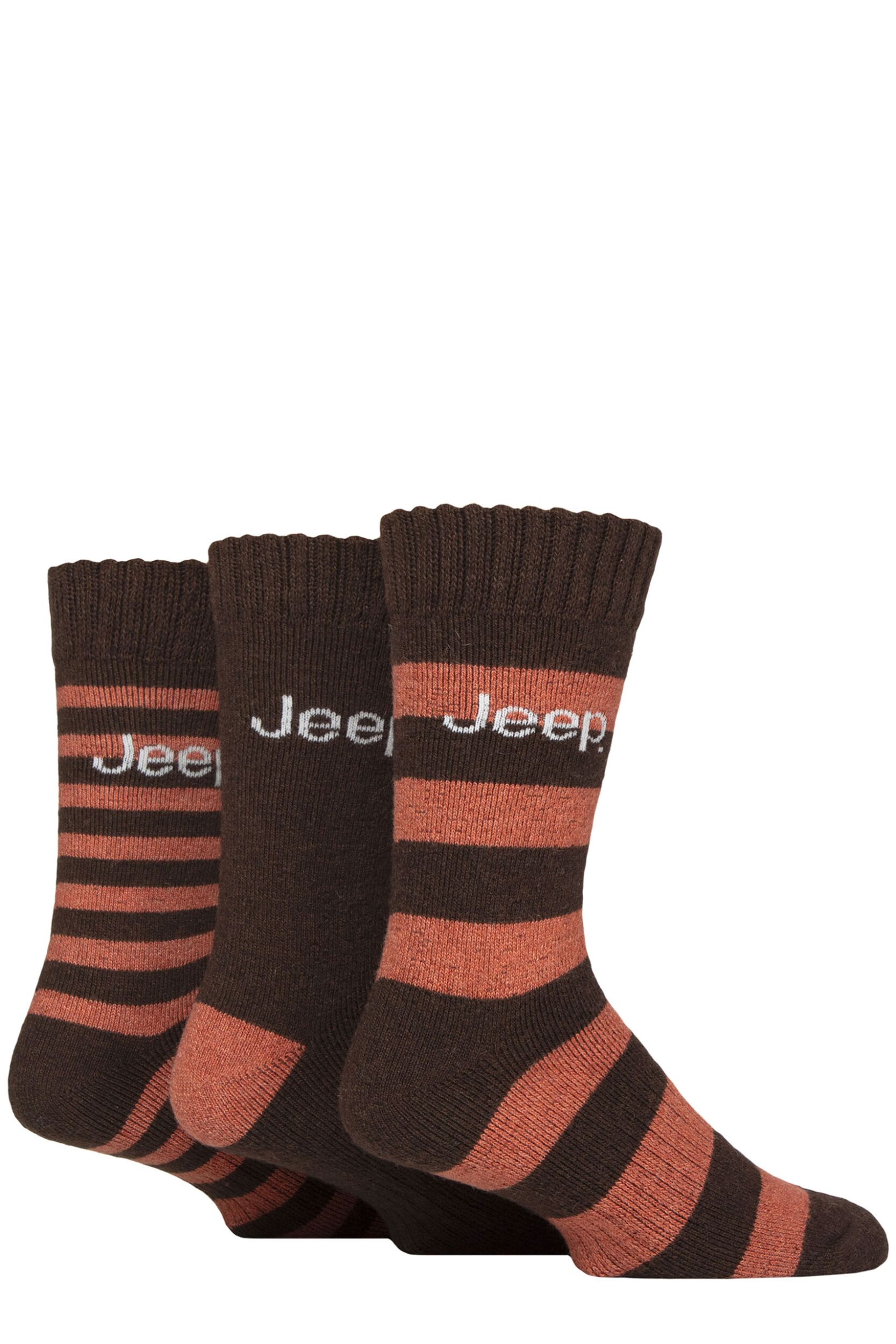 Image of Mens 3 Pair Jeep Striped Wool Blend Thermal Boot Socks Brown / Ochre 6-11