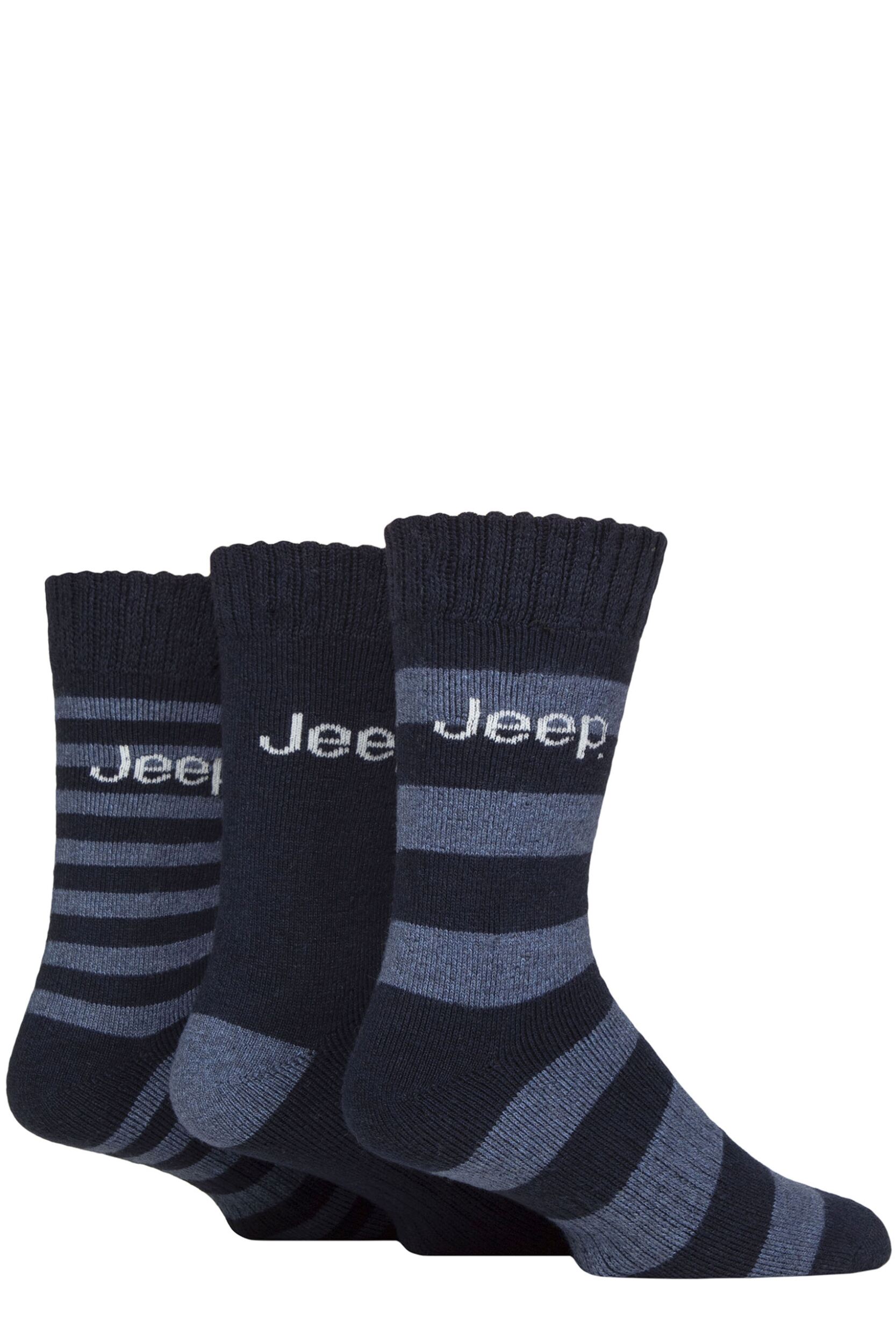 Mens 3 Pair Jeep Striped Wool Blend Thermal Boot Socks Navy / Blue  6-11