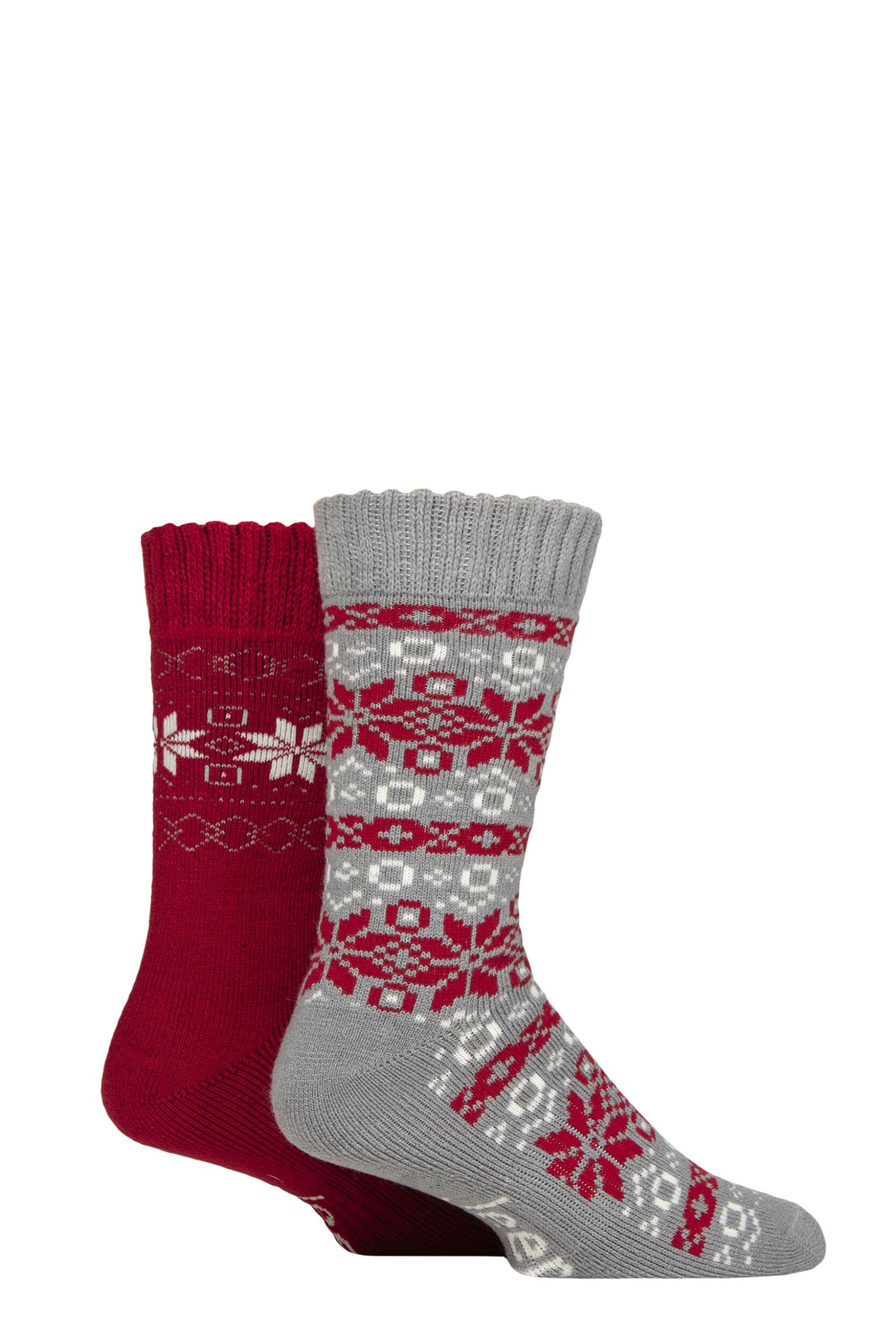 Mens 2 Pair Jeep Fairisle Brushed Thermal Boot Socks Berry / Grey 6-11