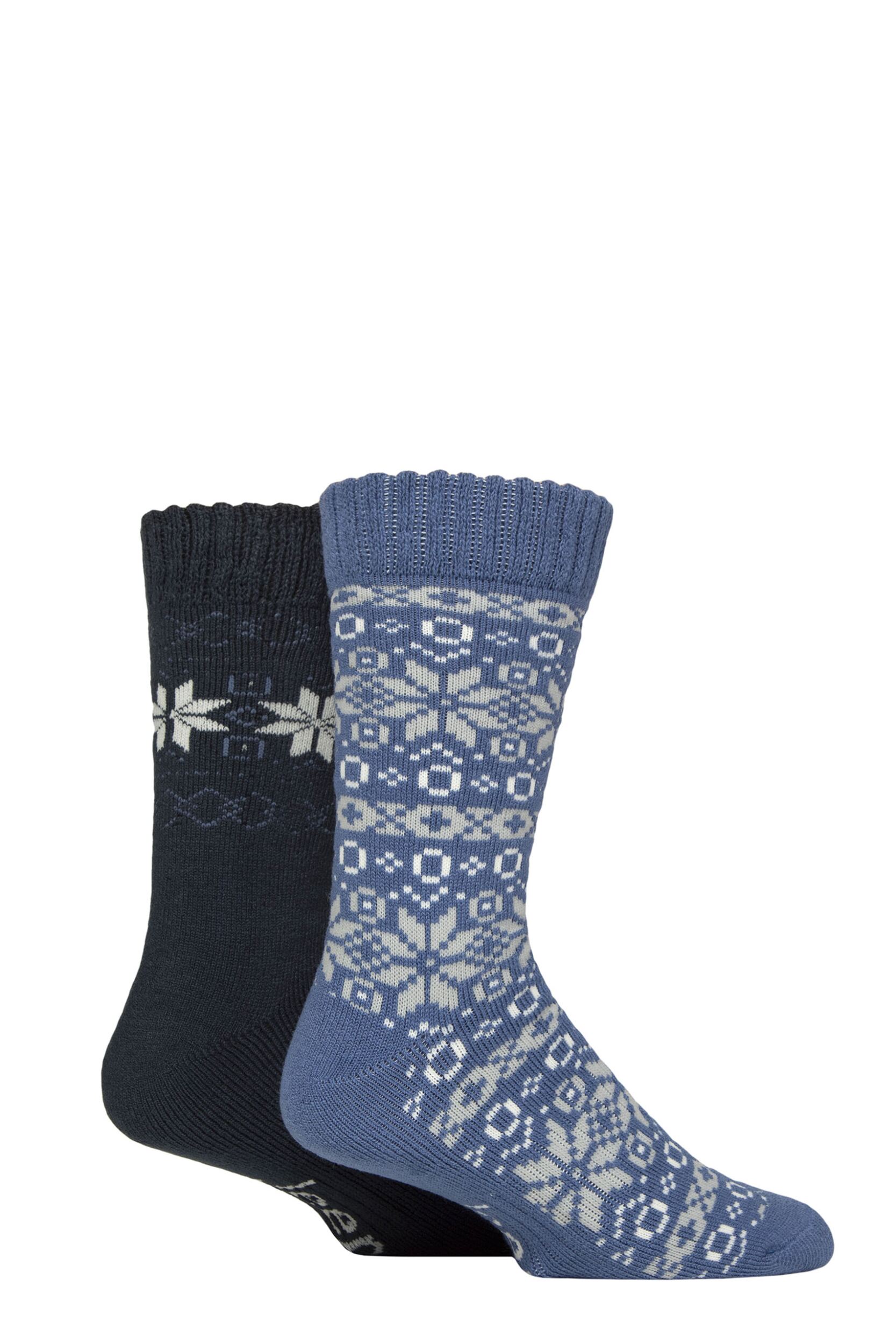 Image of Mens 2 Pair Jeep Fairisle Brushed Thermal Boot Socks Midnight / Blue 6-11