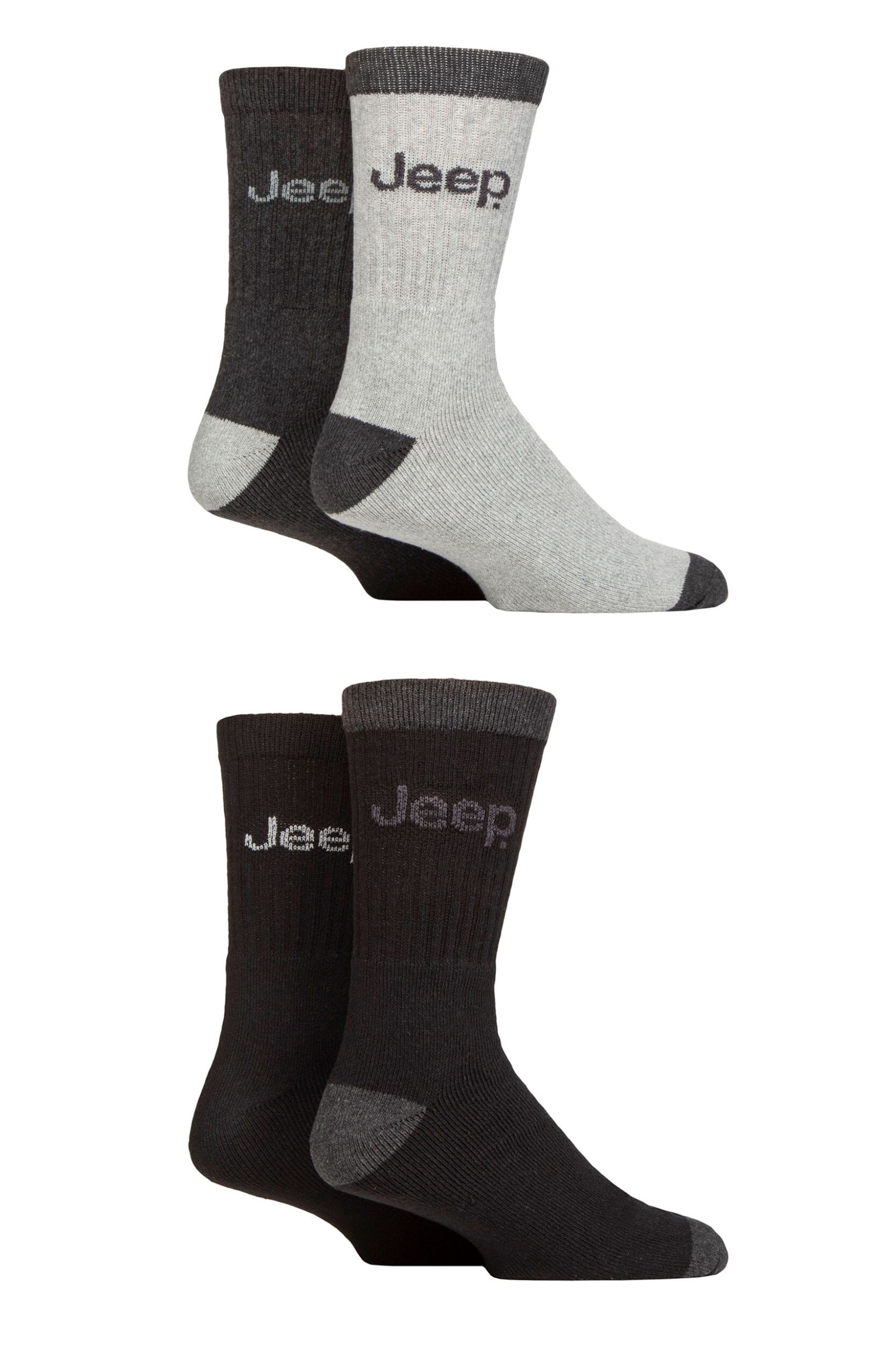 Mens 4 Pair Jeep Plain Regenerated Cotton Boot Socks Charcoal / Black 6-11