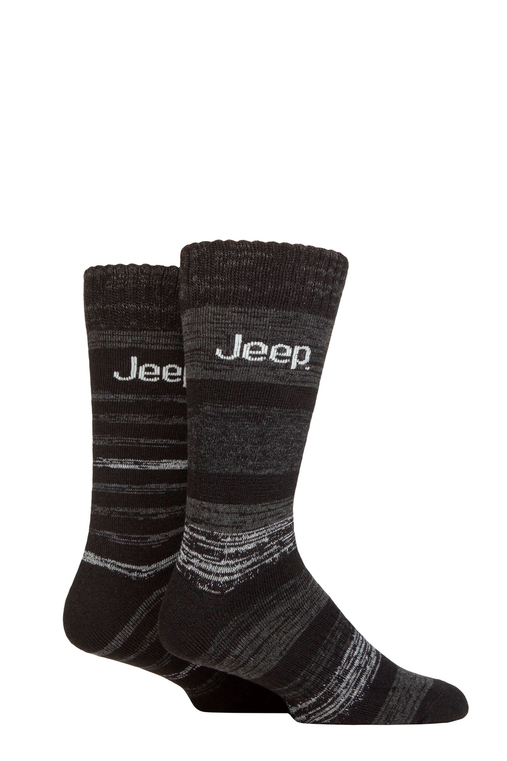 Mens 2 Pair Jeep Thermal Striped Boot Socks Striped Black / Charcoal 6-11