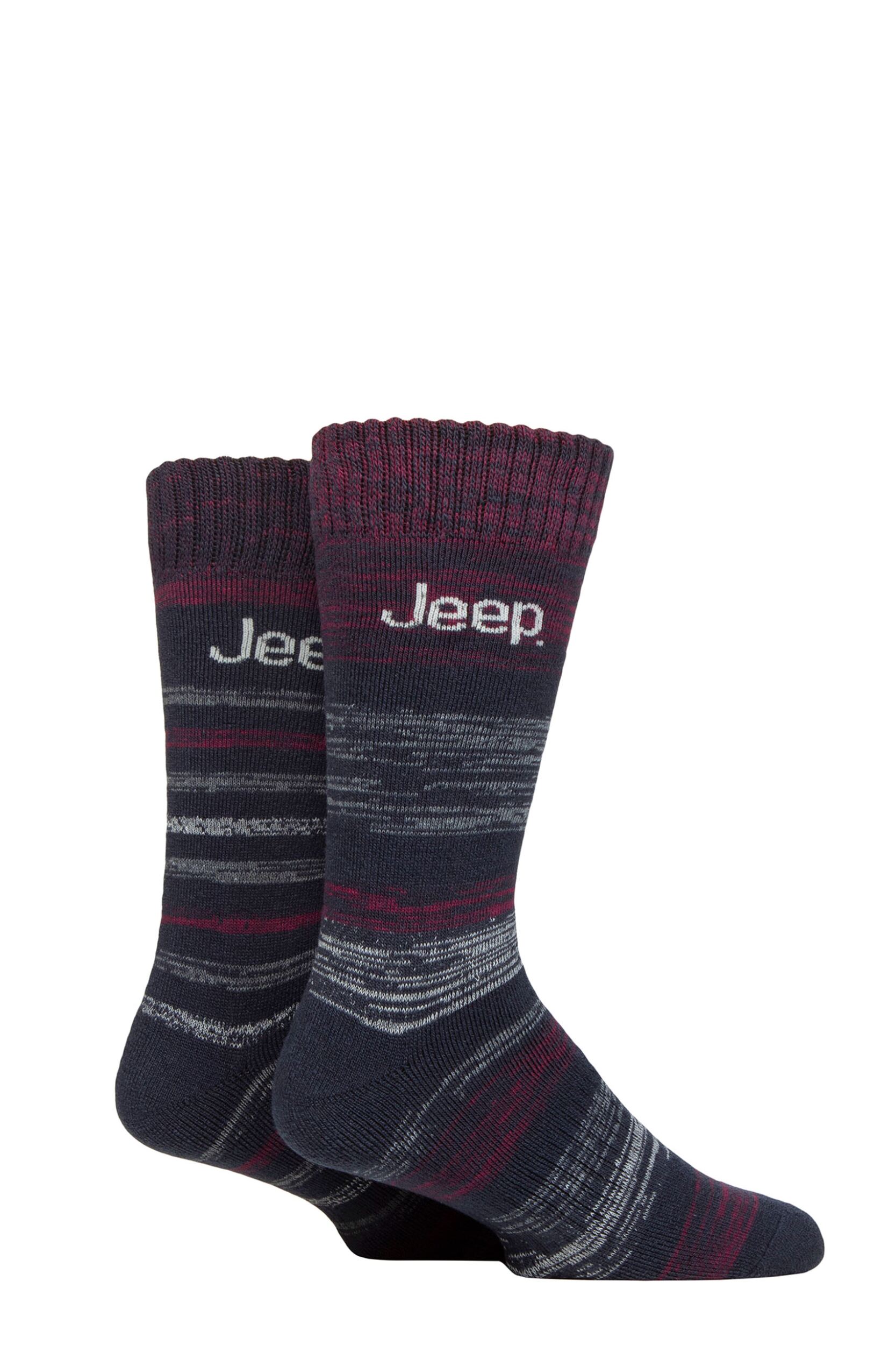 Image of Mens 2 Pair Jeep Thermal Striped Boot Socks Striped Navy / Berry 6-11