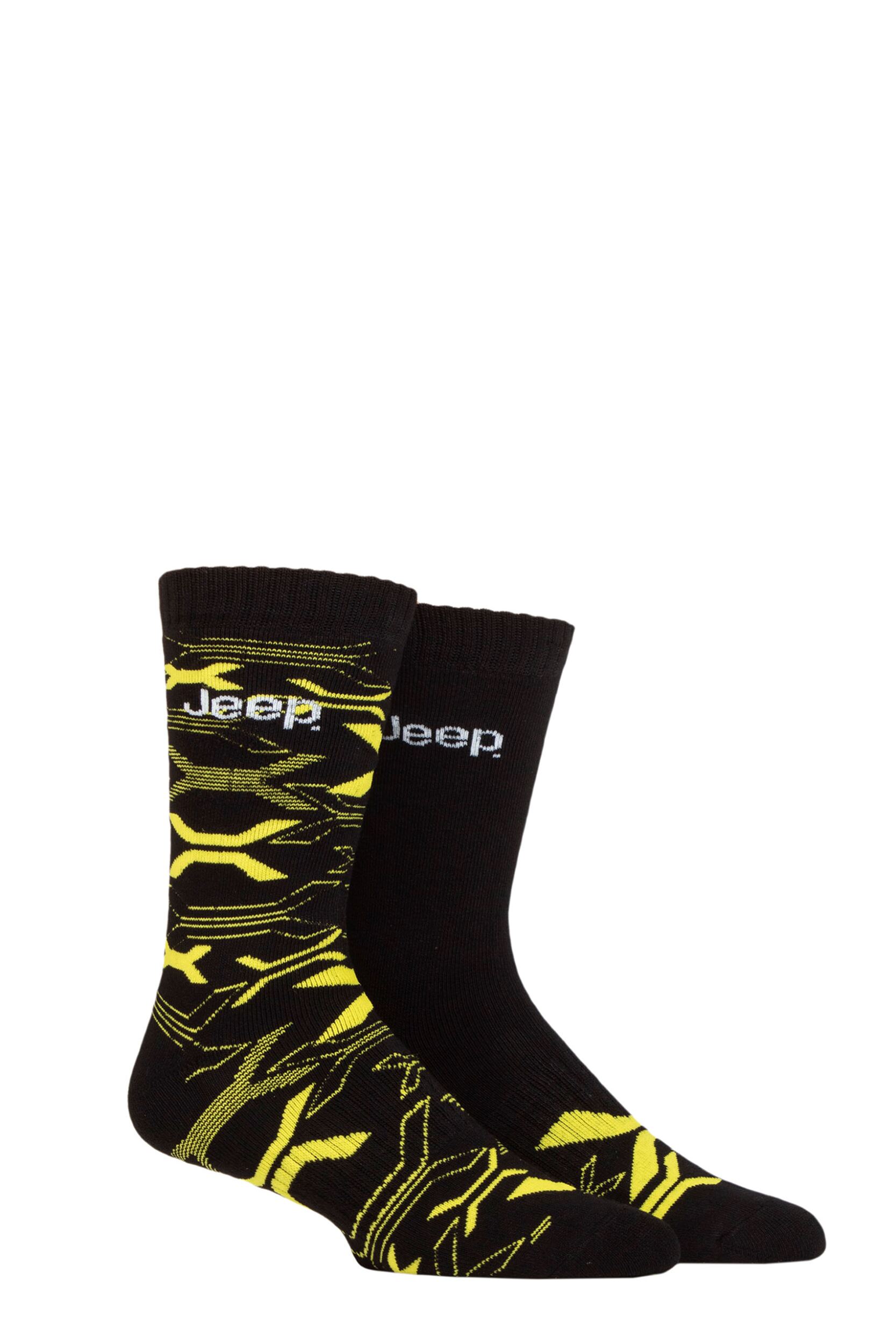 Mens 2 Pair Jeep Heavy Cushioned Bamboo Boot Socks Black / Sunshine 6-11