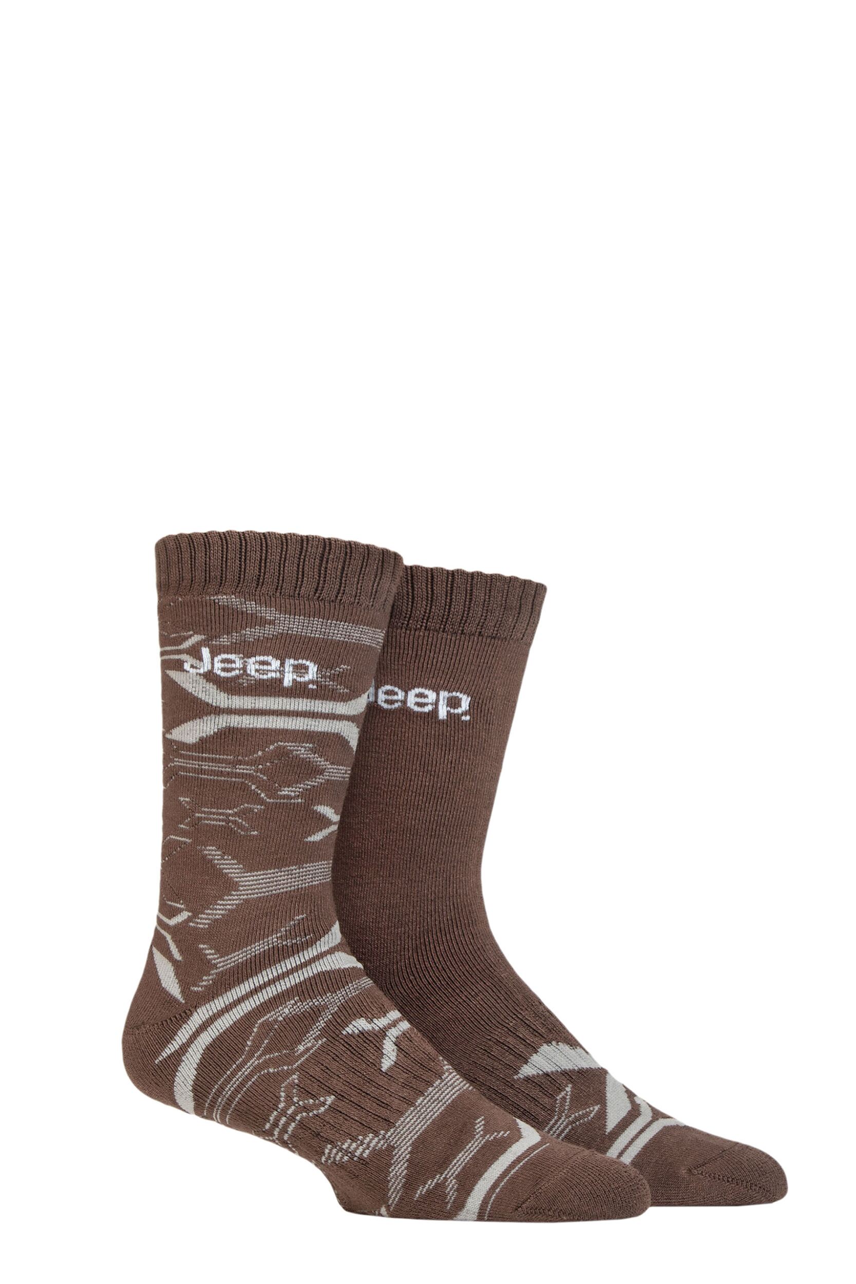 Mens 2 Pair Jeep Heavy Cushioned Bamboo Boot Socks Khaki / Stone 6-11