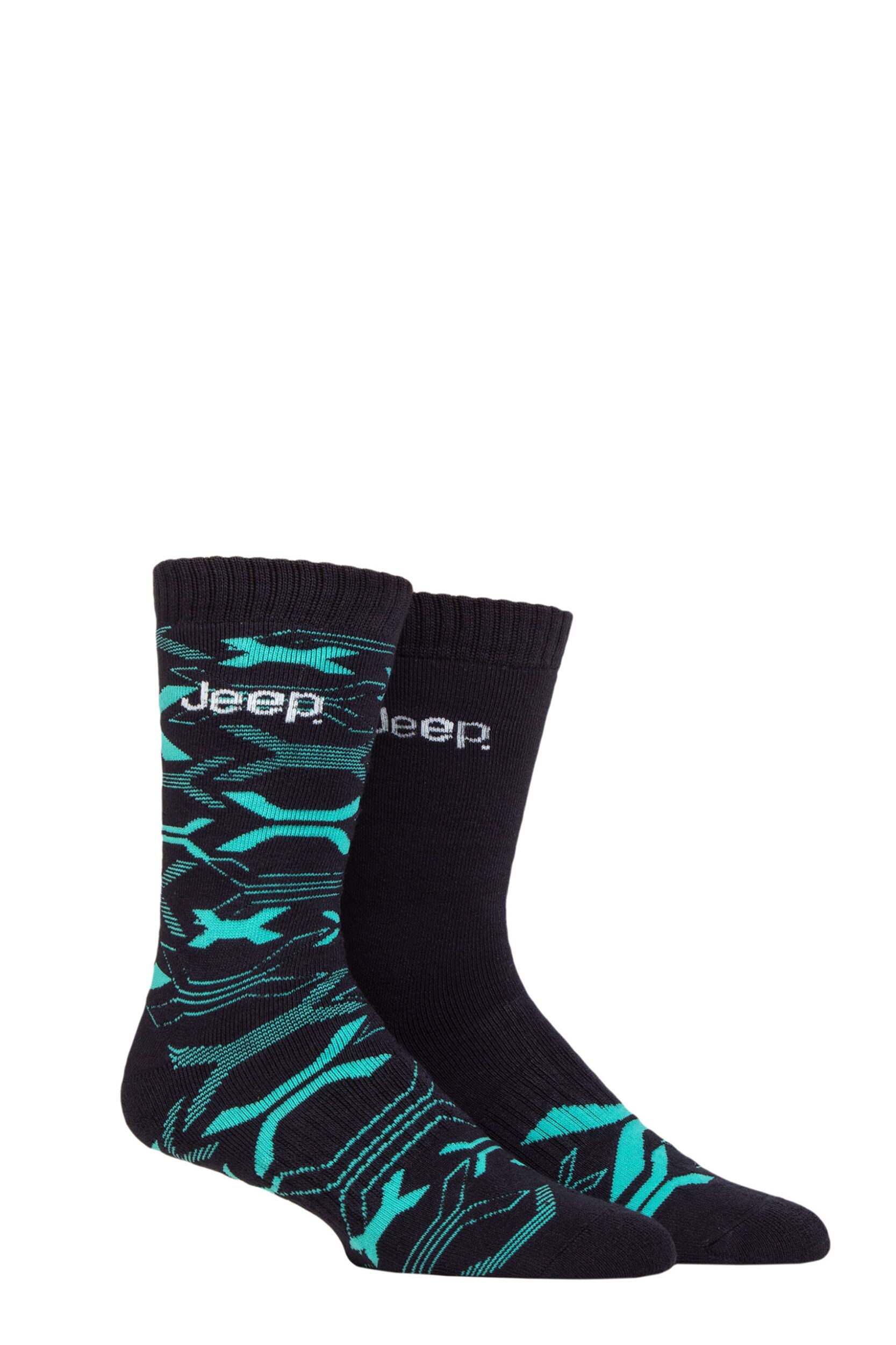 Mens 2 Pair Jeep Heavy Cushioned Bamboo Boot Socks Navy / Turquoise 6-11