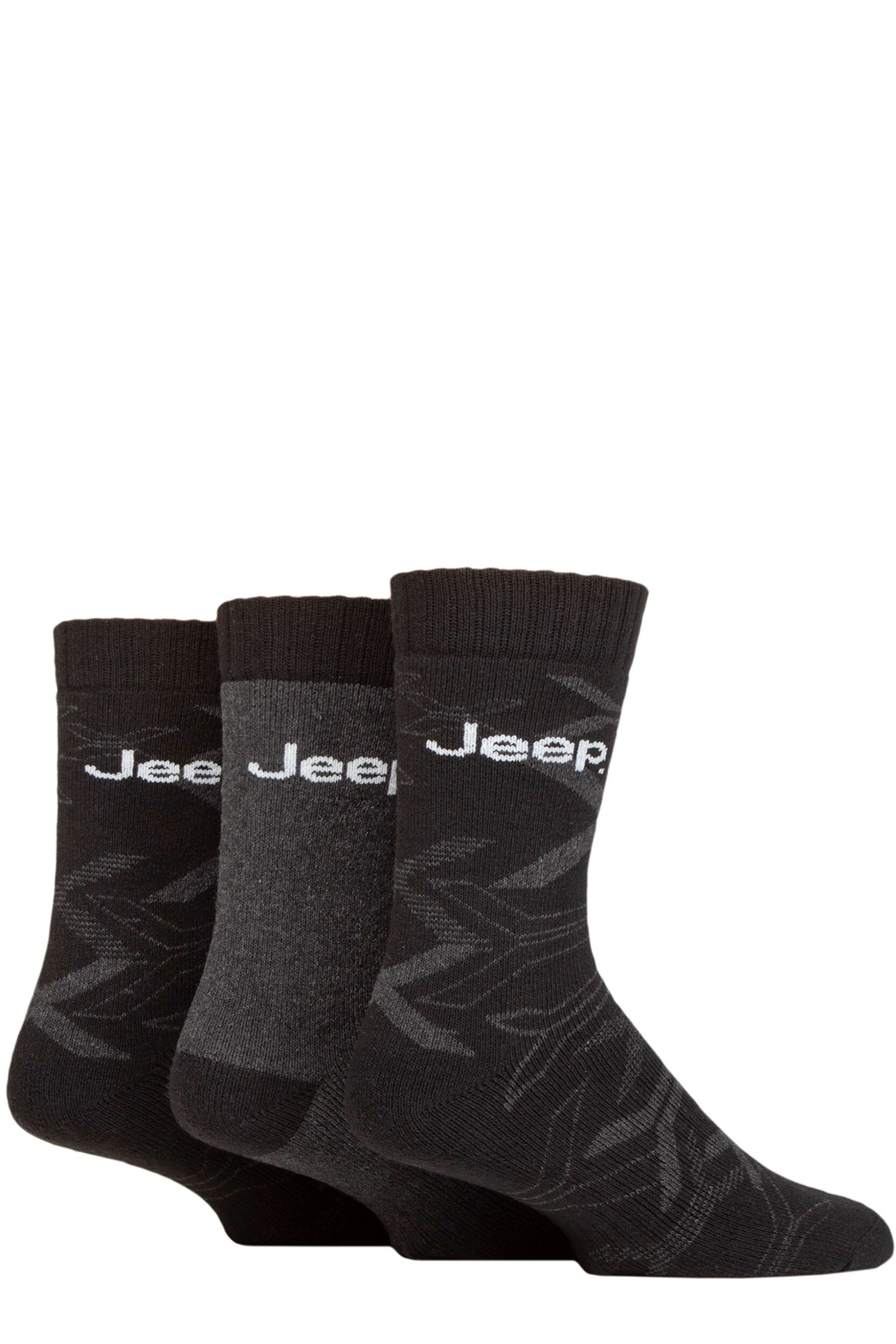 Mens 3 Pair Jeep Camo Cotton Boot Socks Black / Charcoal 6-11