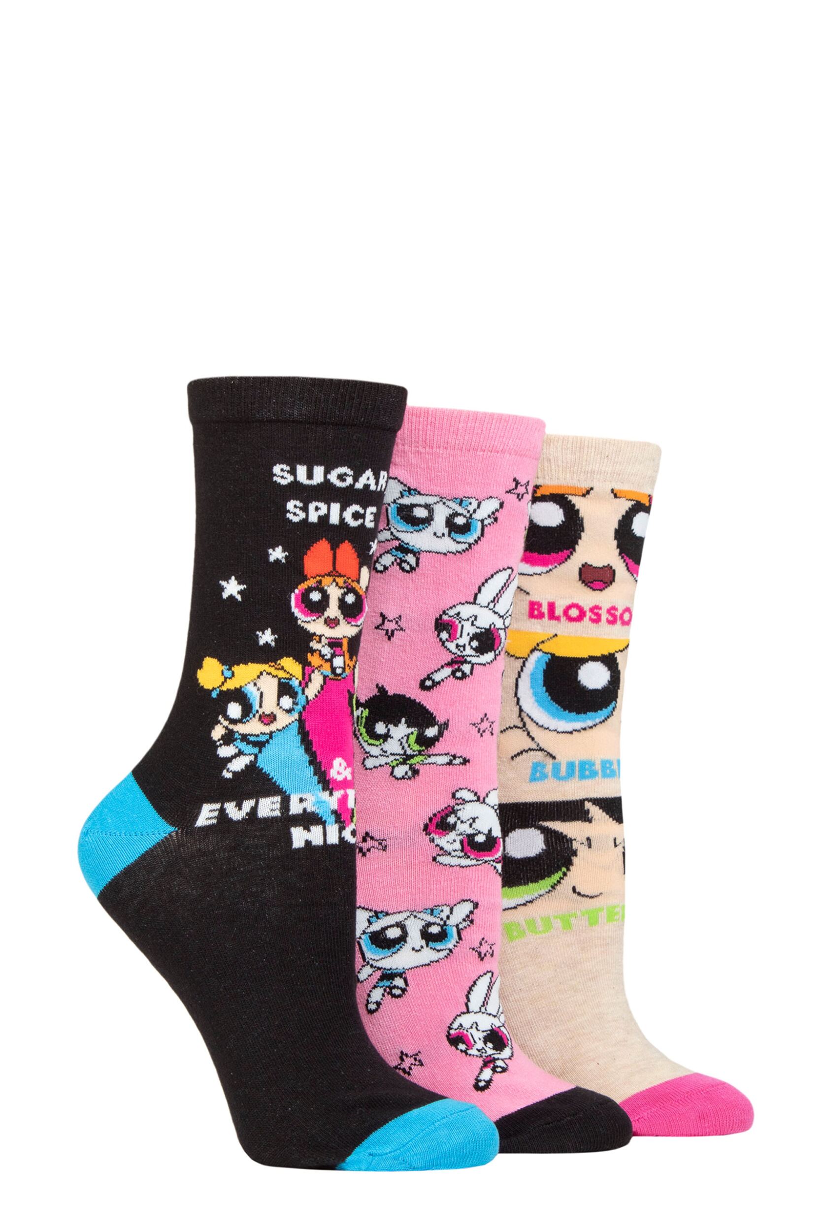 Image of Women's 3 Pair SOCKSHOP Powerpuff Girls Cotton Socks Assorted 4-8 Ladies