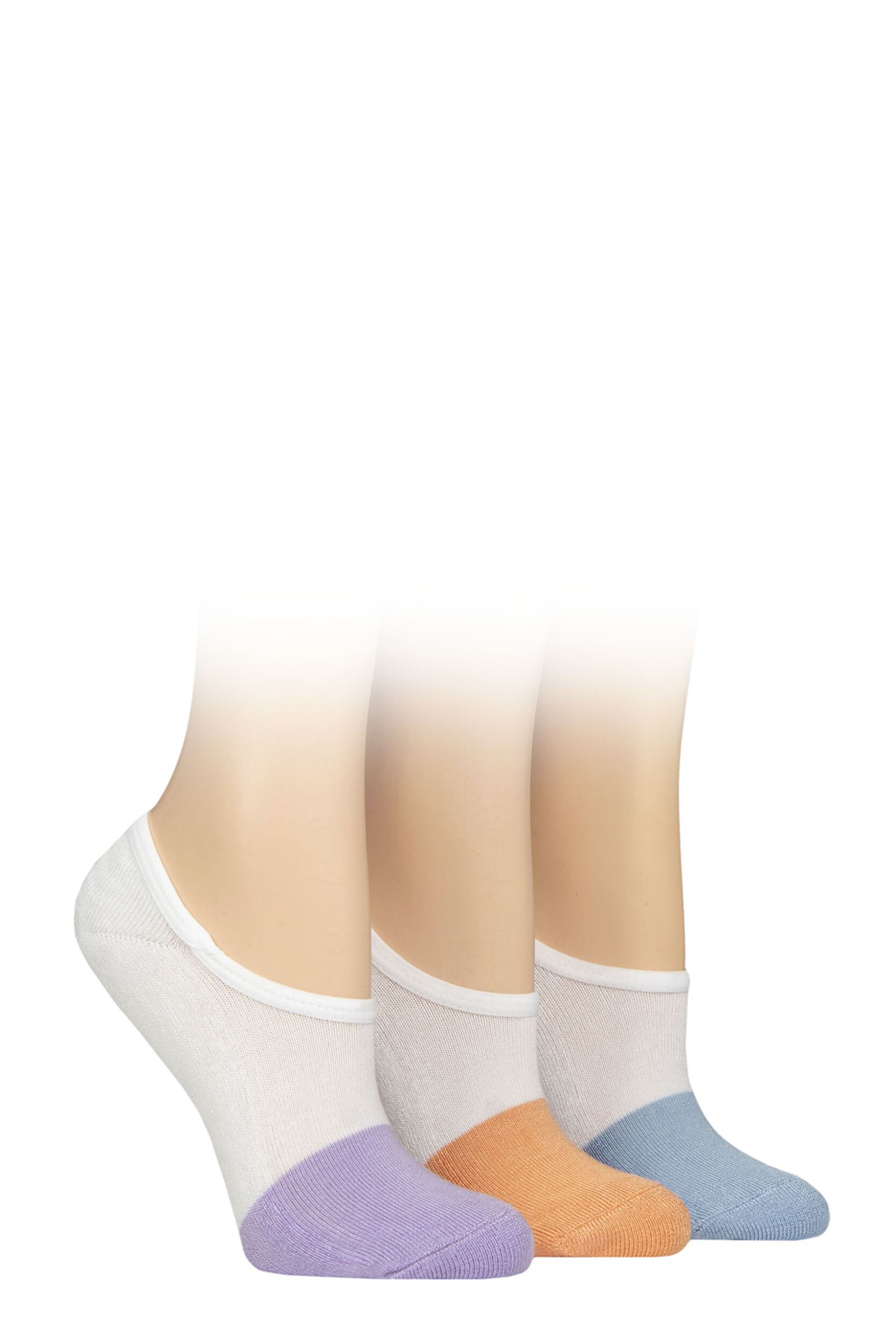 Women's 3 Pair SOCKSHOP Wildfeet Plain Bamboo Half-Cushioned Shoe Liner Socks White Lilac / Orange 4-8