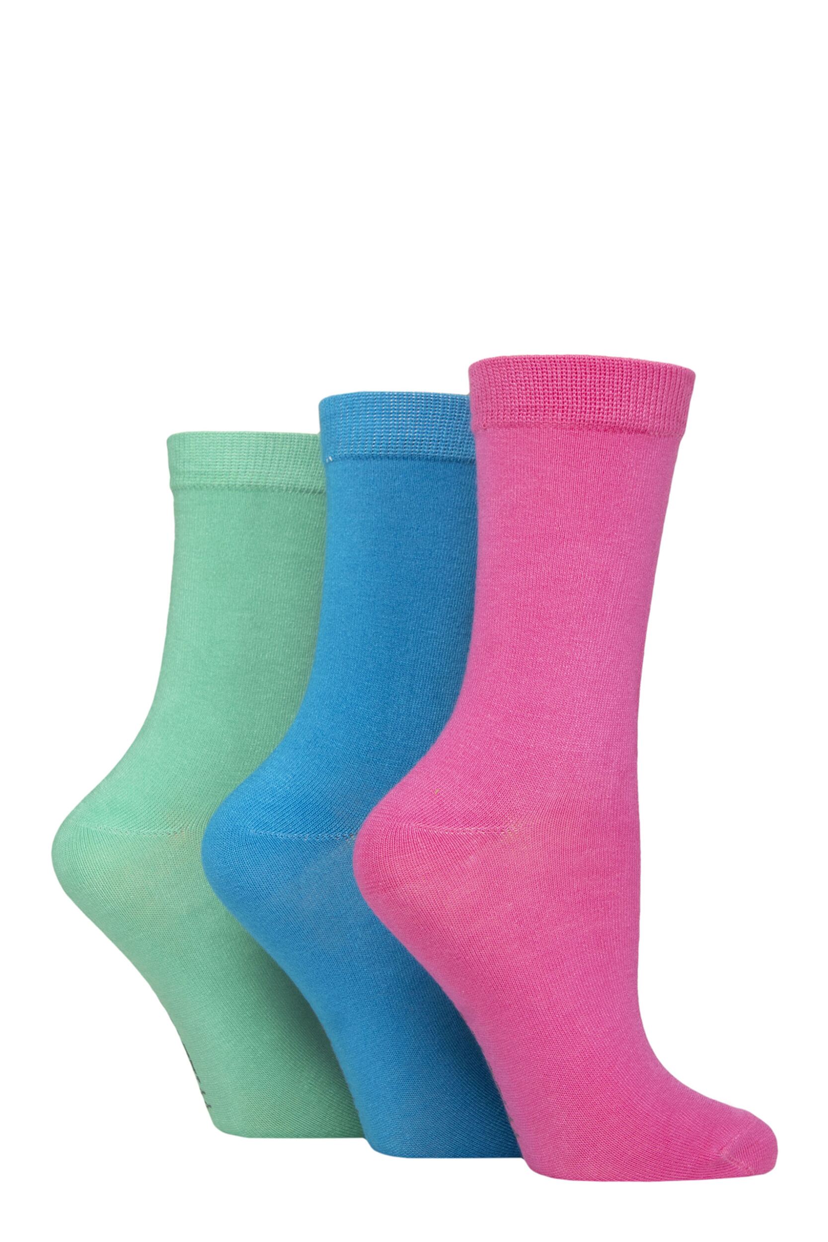 Women's 3 Pair Wildfeet Plain Bamboo Socks Pink / Blue / Green 4-8
