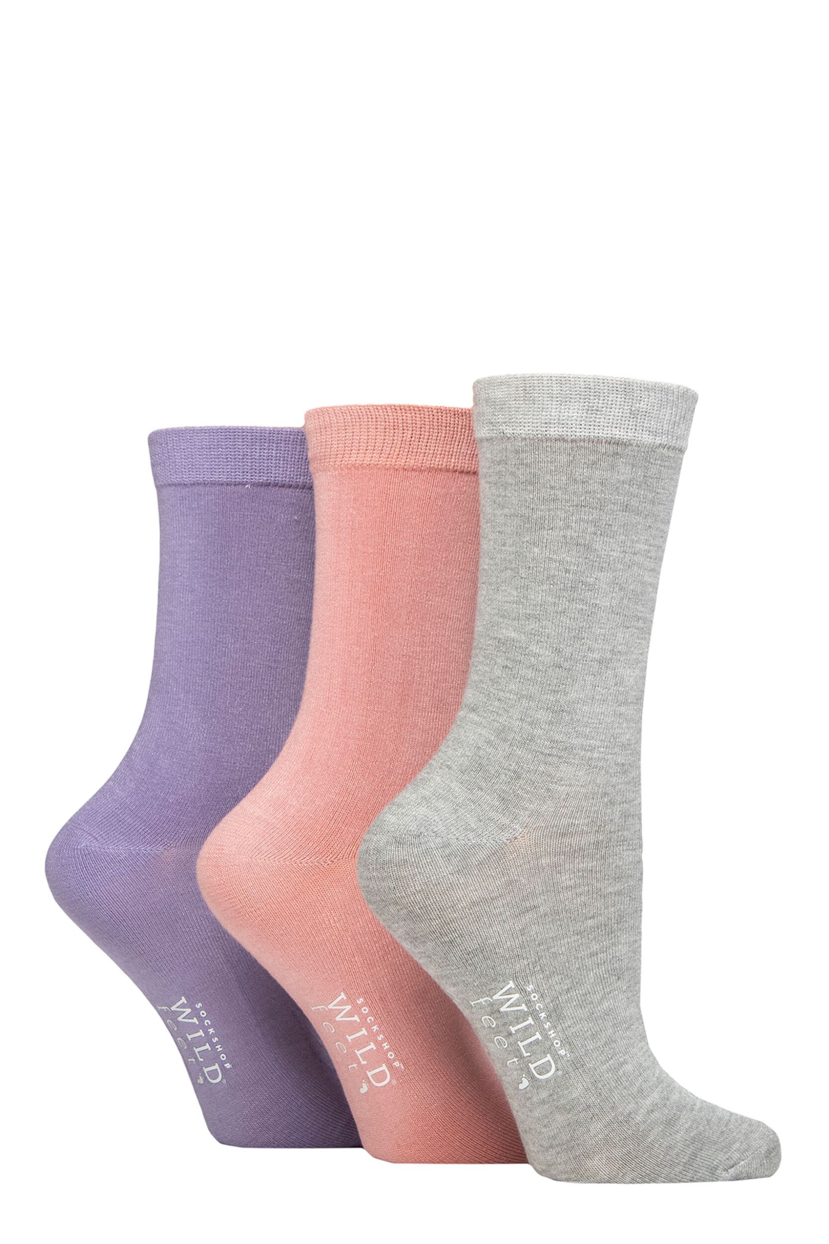 Women's 3 Pair Wildfeet Plain Bamboo Socks Grey / Pink / Purple 4-8