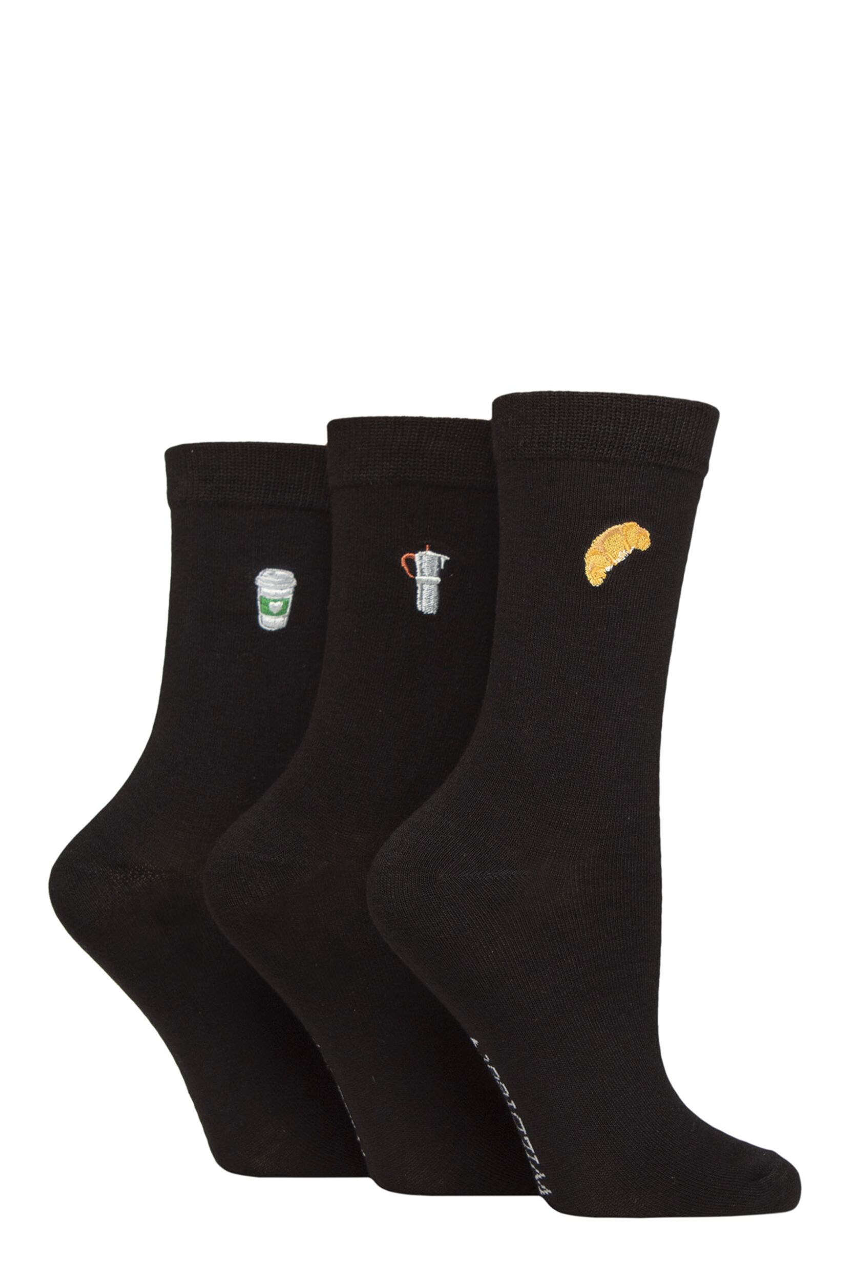 Women's 3 Pair SOCKSHOP Wildfeet Bamboo Embroidered Crew Socks Coffee 4