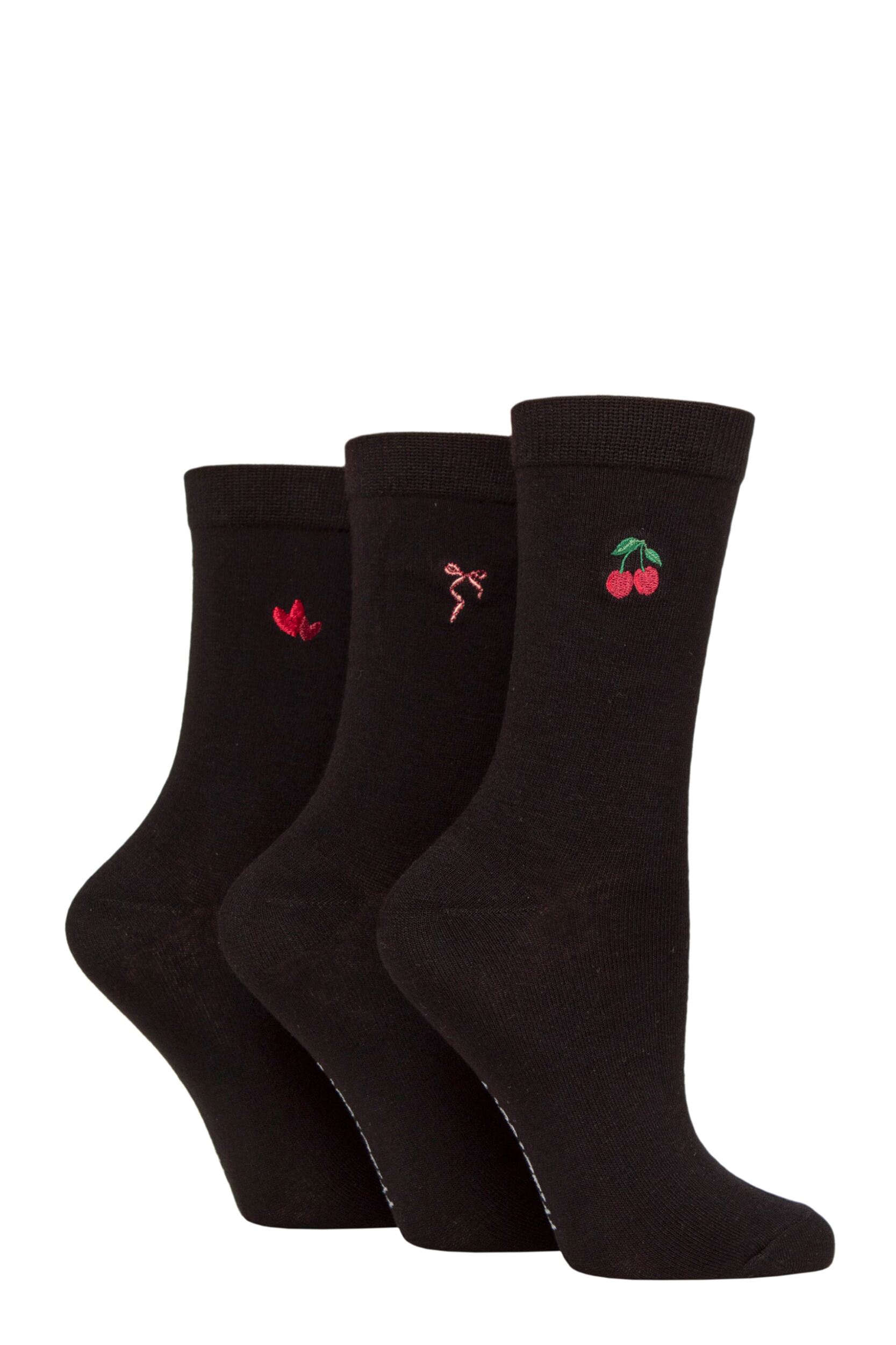 Women's 3 Pair SOCKSHOP Wildfeet Bamboo Embroidered Crew Socks Hearts / Cherry / Bow 4