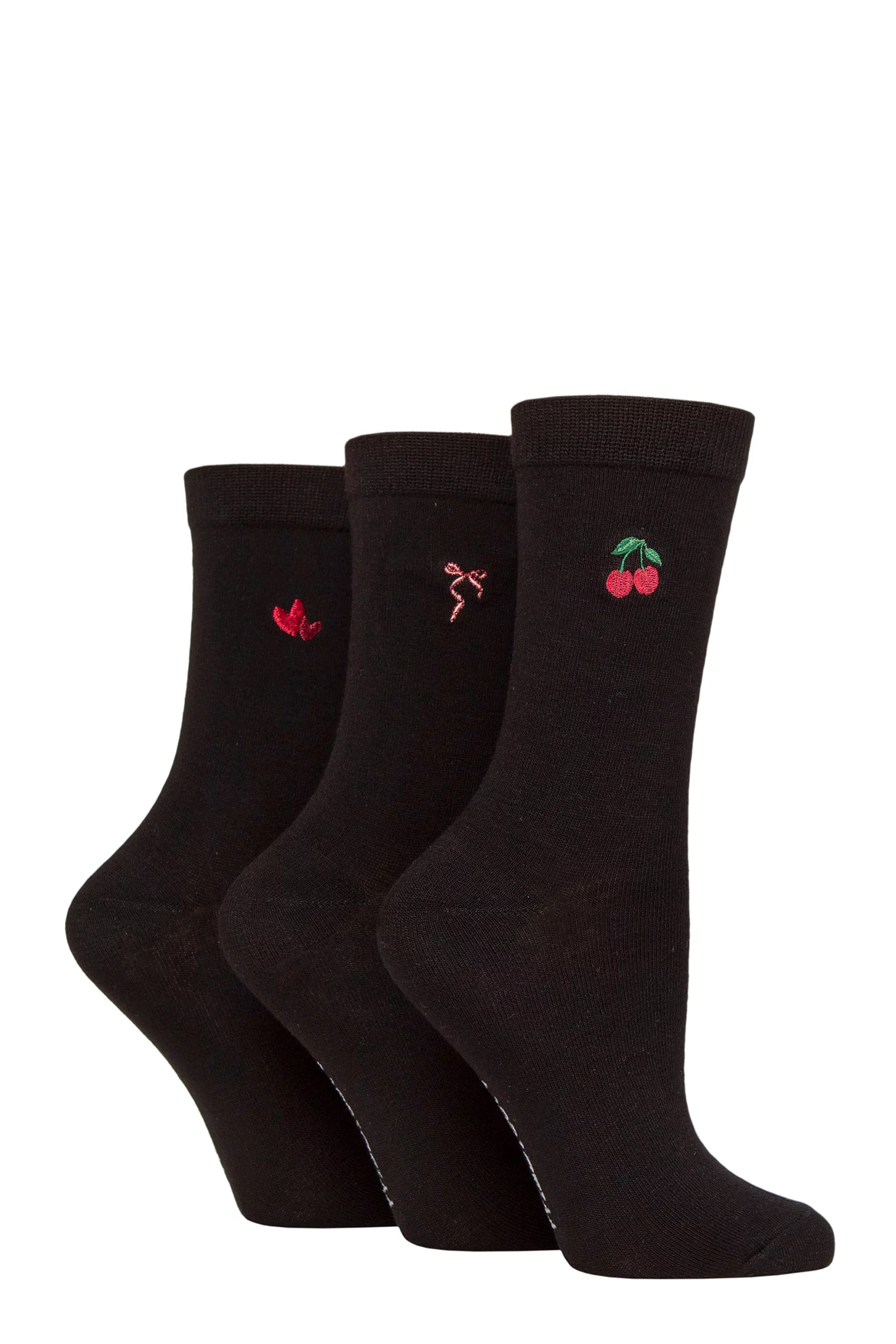 Women's 3 Pair SOCKSHOP Wildfeet Bamboo Embroidered Crew Socks Hearts / Cherry / Bow 4