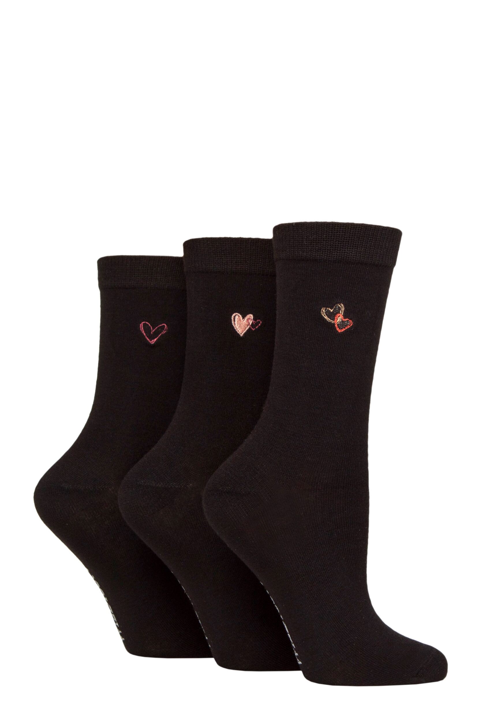 Women's 3 Pair SOCKSHOP Wildfeet Bamboo Embroidered Crew Socks Hearts 4