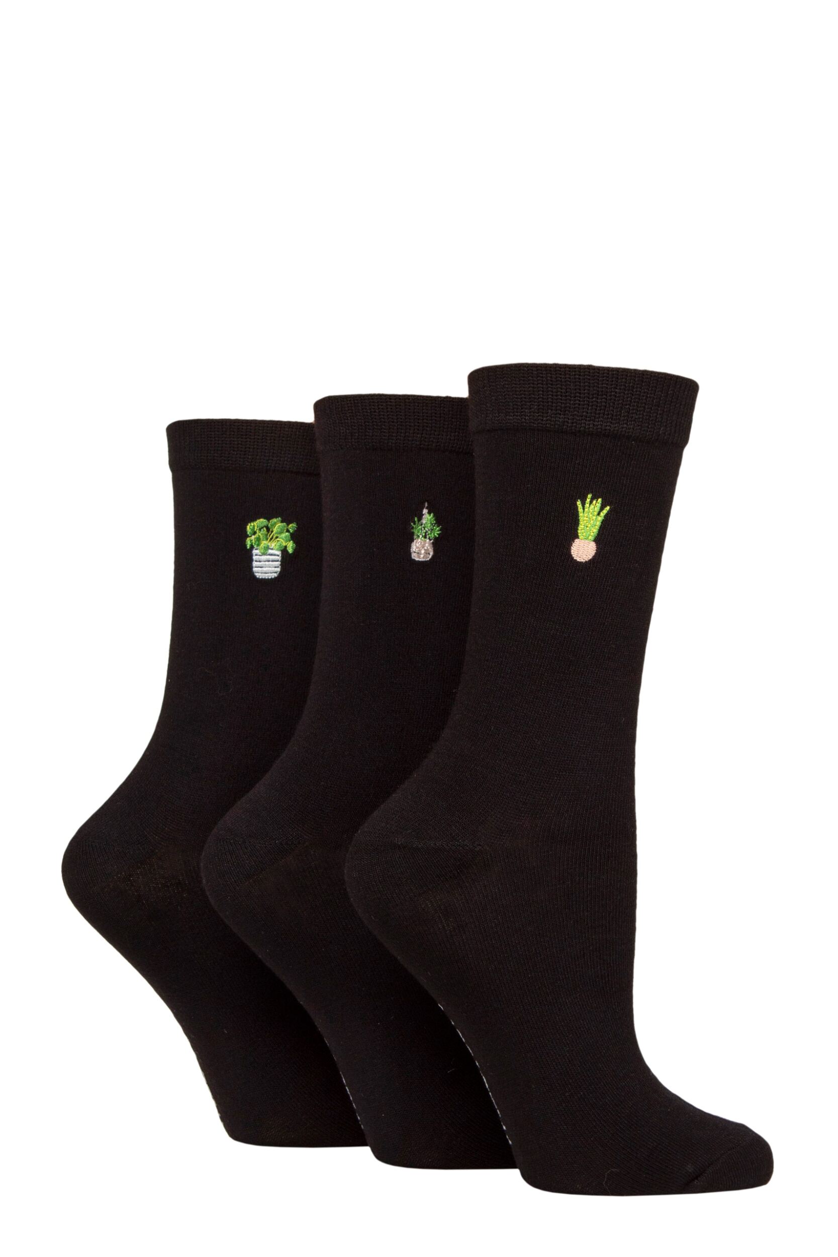 Women's 3 Pair SOCKSHOP Wildfeet Bamboo Embroidered Crew Socks Plants 4