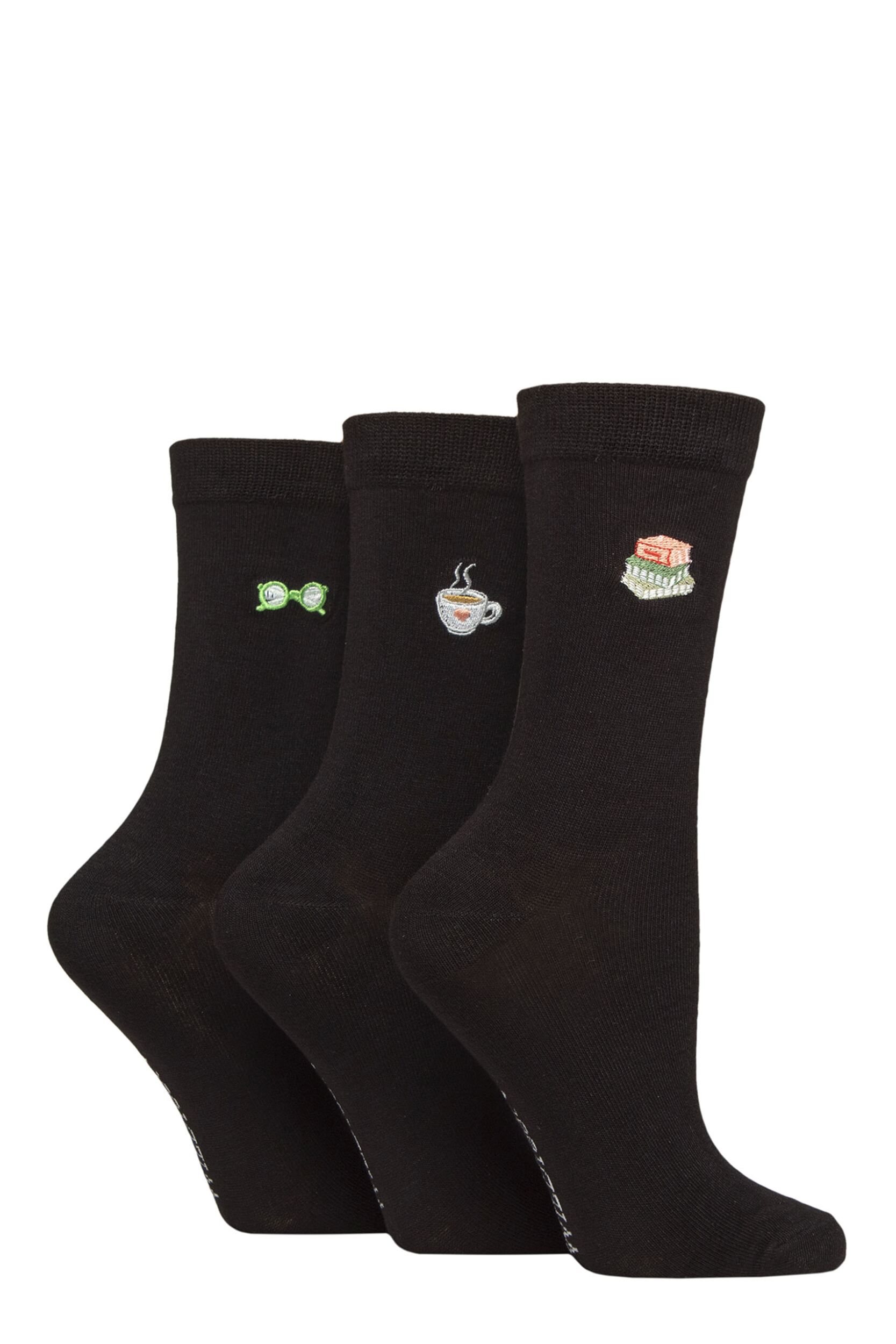 Women's 3 Pair SOCKSHOP Wildfeet Bamboo Embroidered Crew Socks Reading 4