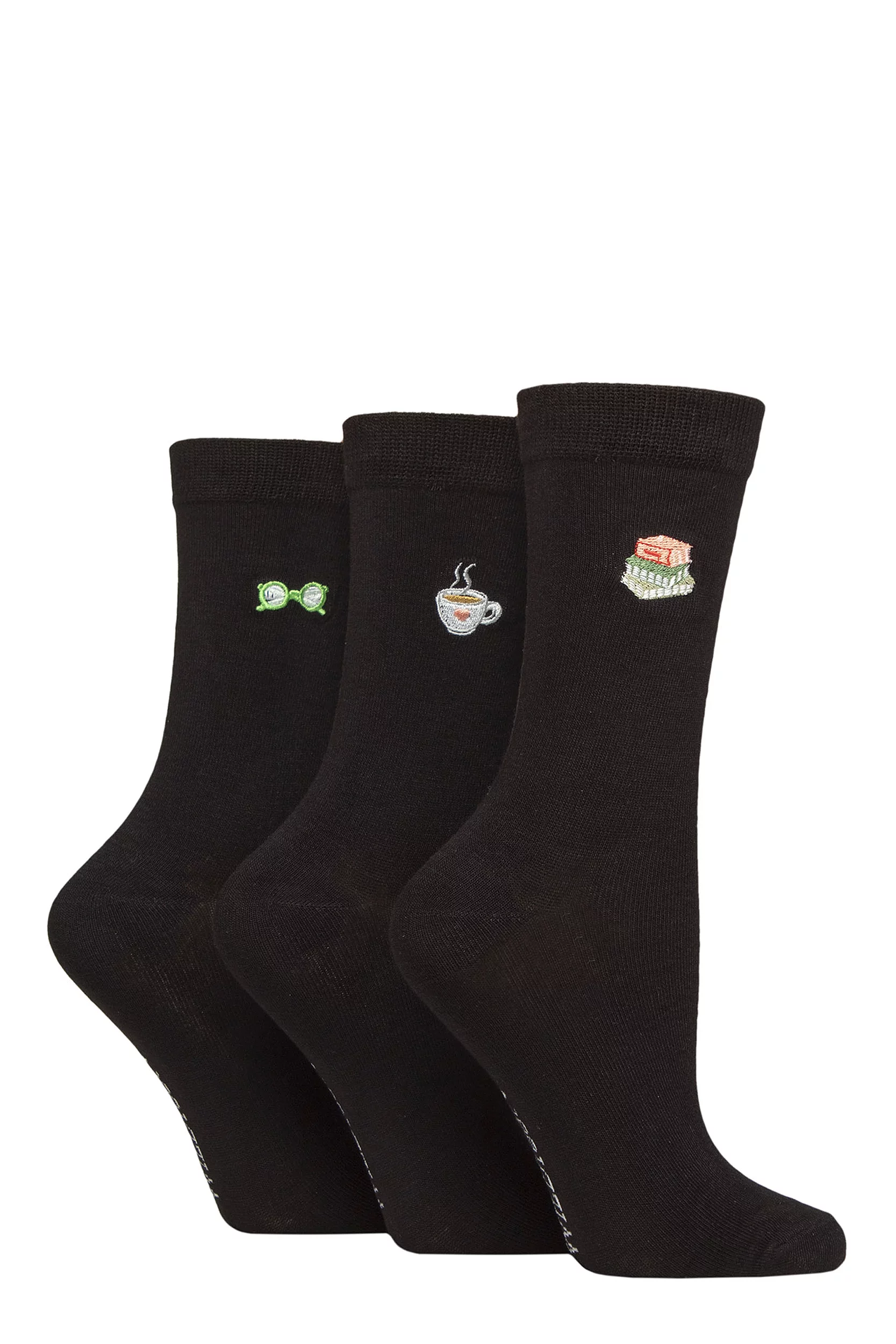 Women's 3 Pair SOCKSHOP Wildfeet Bamboo Embroidered Crew Socks Reading 4