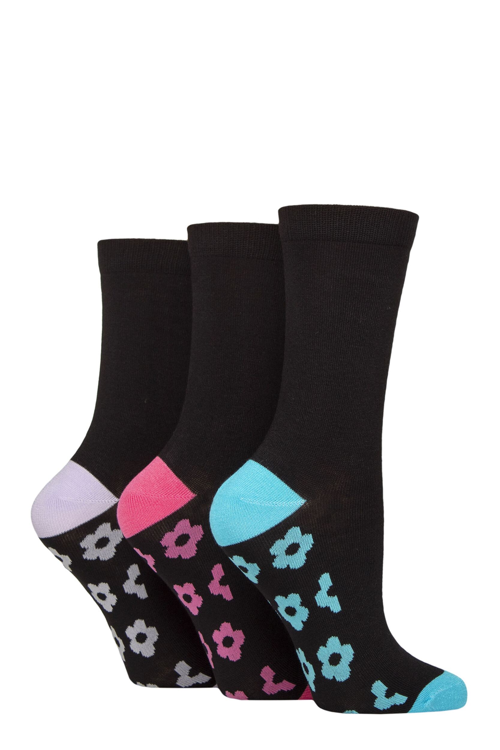 Image of Women's 3 Pair SOCKSHOP Wildfeet Patterned Bamboo Socks Floral Black 4-8