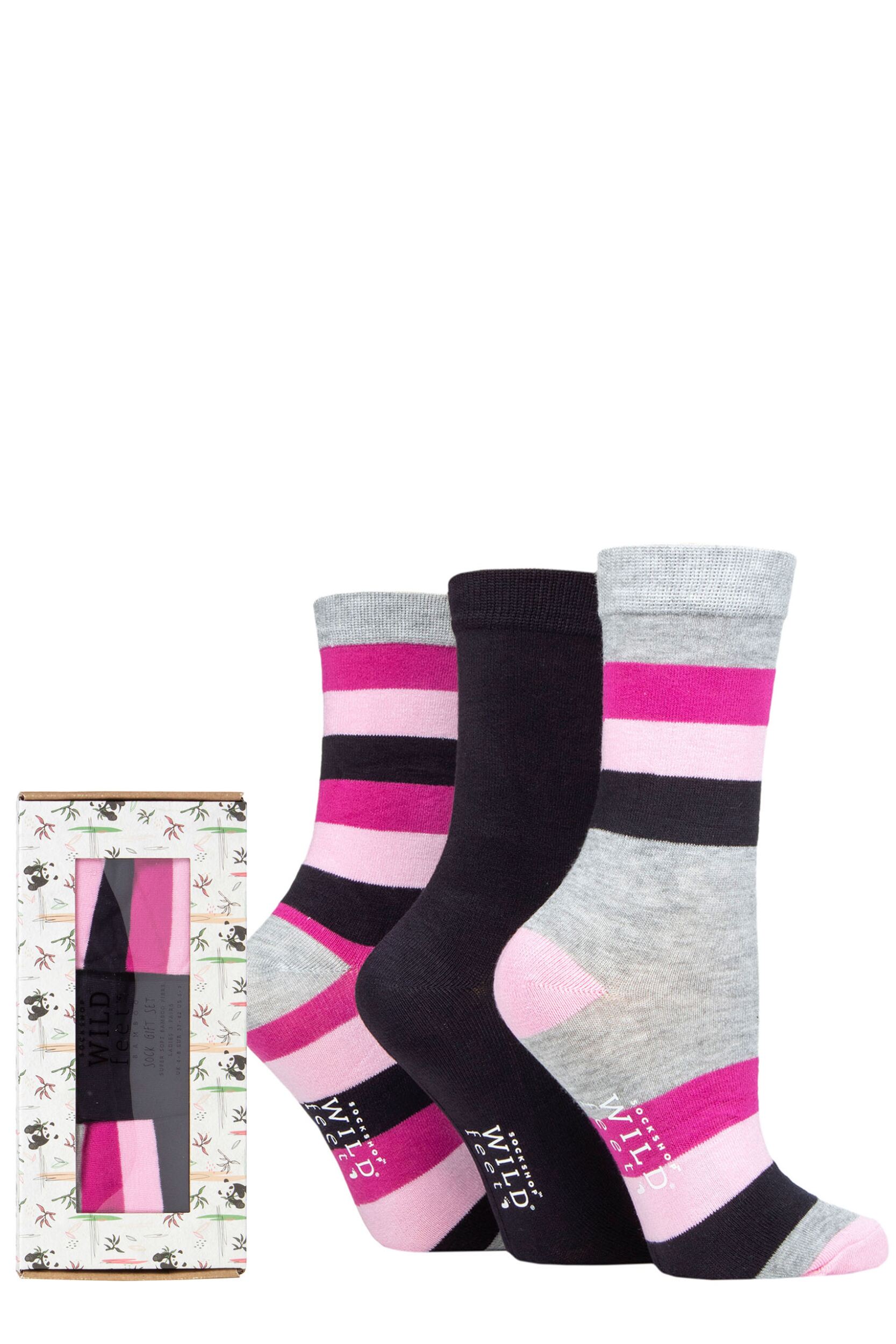 Women's 3 Pair SOCKSHOP Wildfeet Bamboo Gift Box Wide Stripe 4-8 Ladies