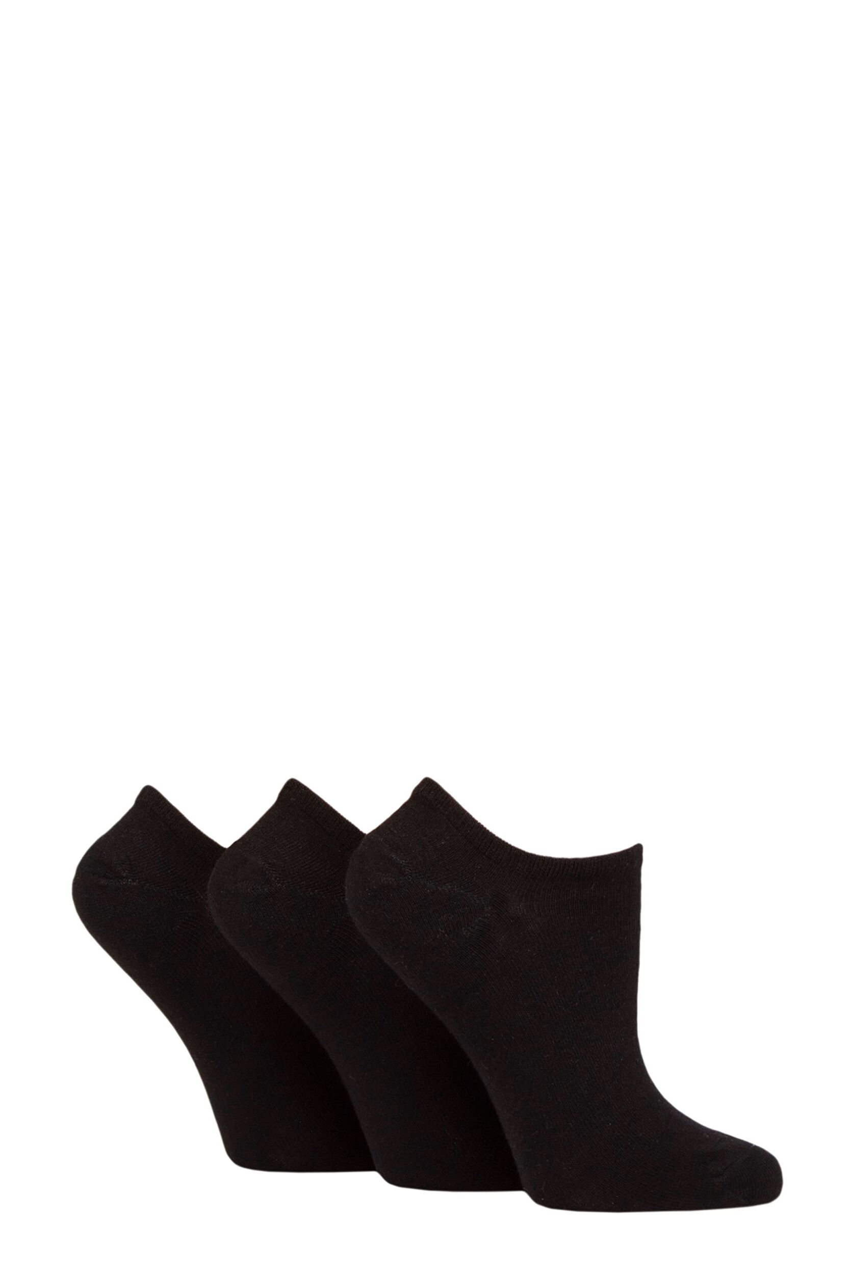 Women's 3 Pair Wildfeet Plain, Patterned and Contrast Heel Bamboo Trainer Socks Black 4-8 Ladies