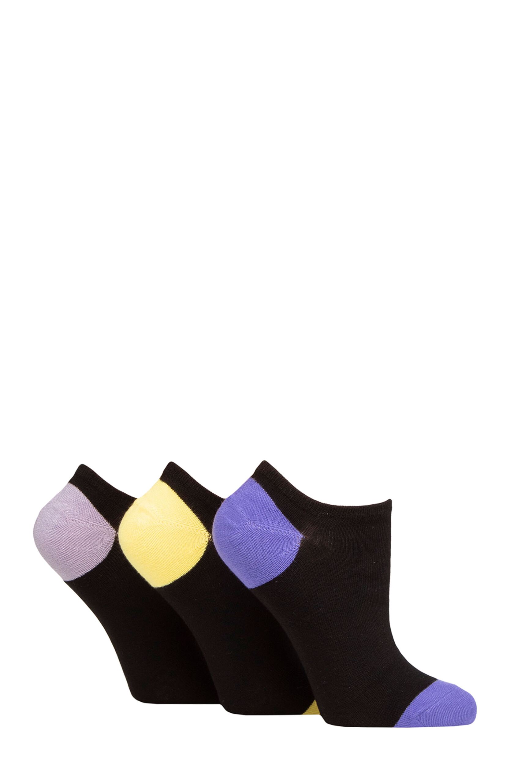 Women's 3 Pair Wildfeet Plain, Patterned and Contrast Heel Bamboo Trainer Socks Contrast Black Purple / Yellow 4-8