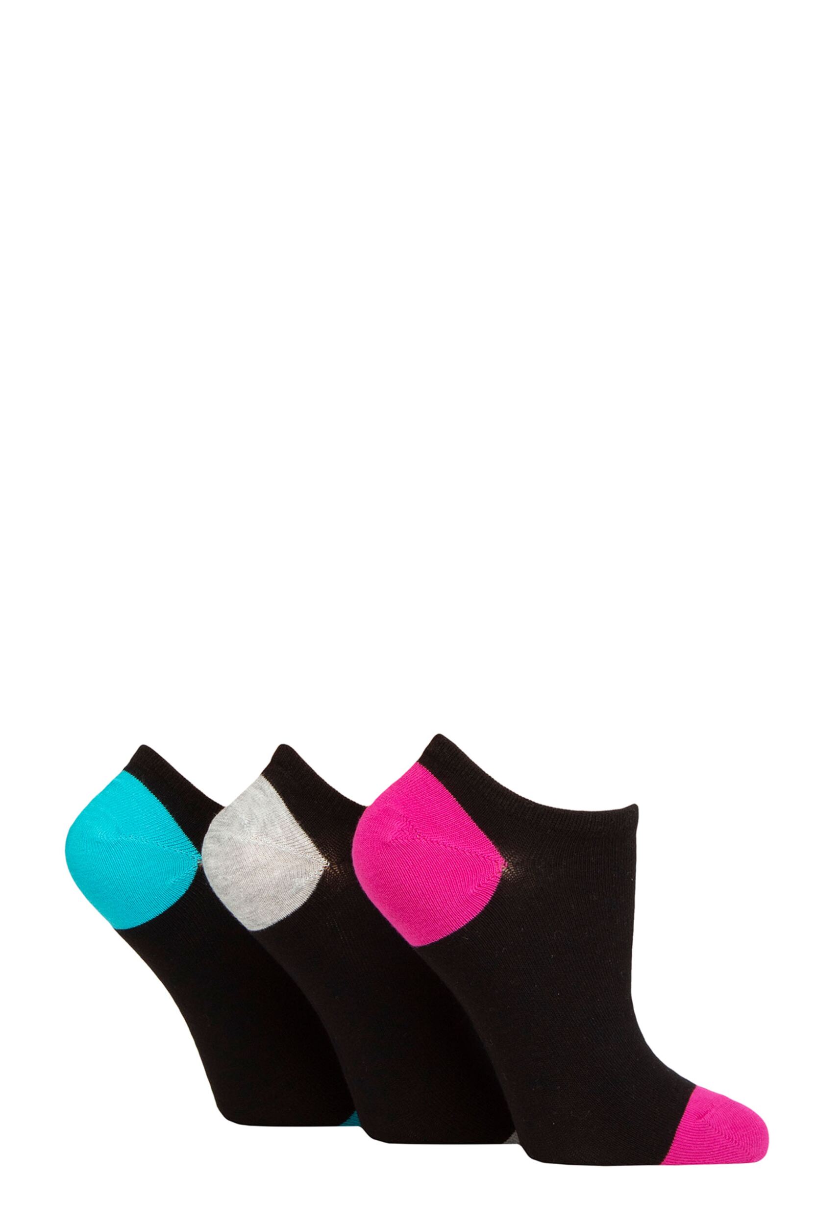 Women's 3 Pair Wildfeet Plain, Patterned and Contrast Heel Bamboo Trainer Socks Contrast Black Pink / Teal 4-8