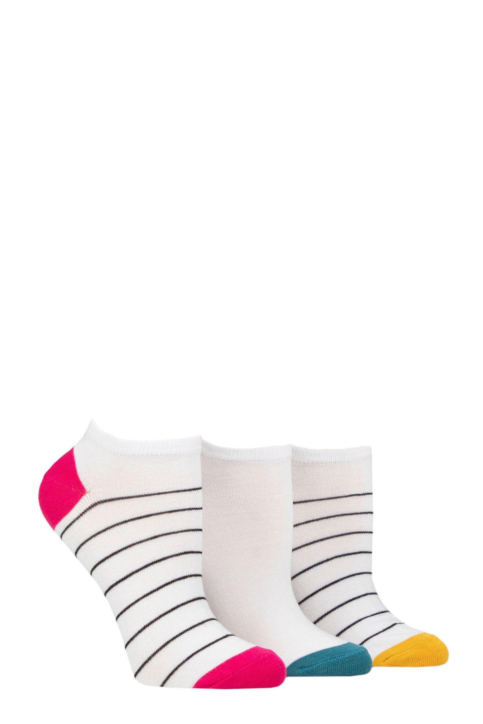 Women's 3 Pair Wildfeet Plain, Patterned and Contrast Heel Bamboo Trainer Socks White Multi Stripe 4-8 Ladies