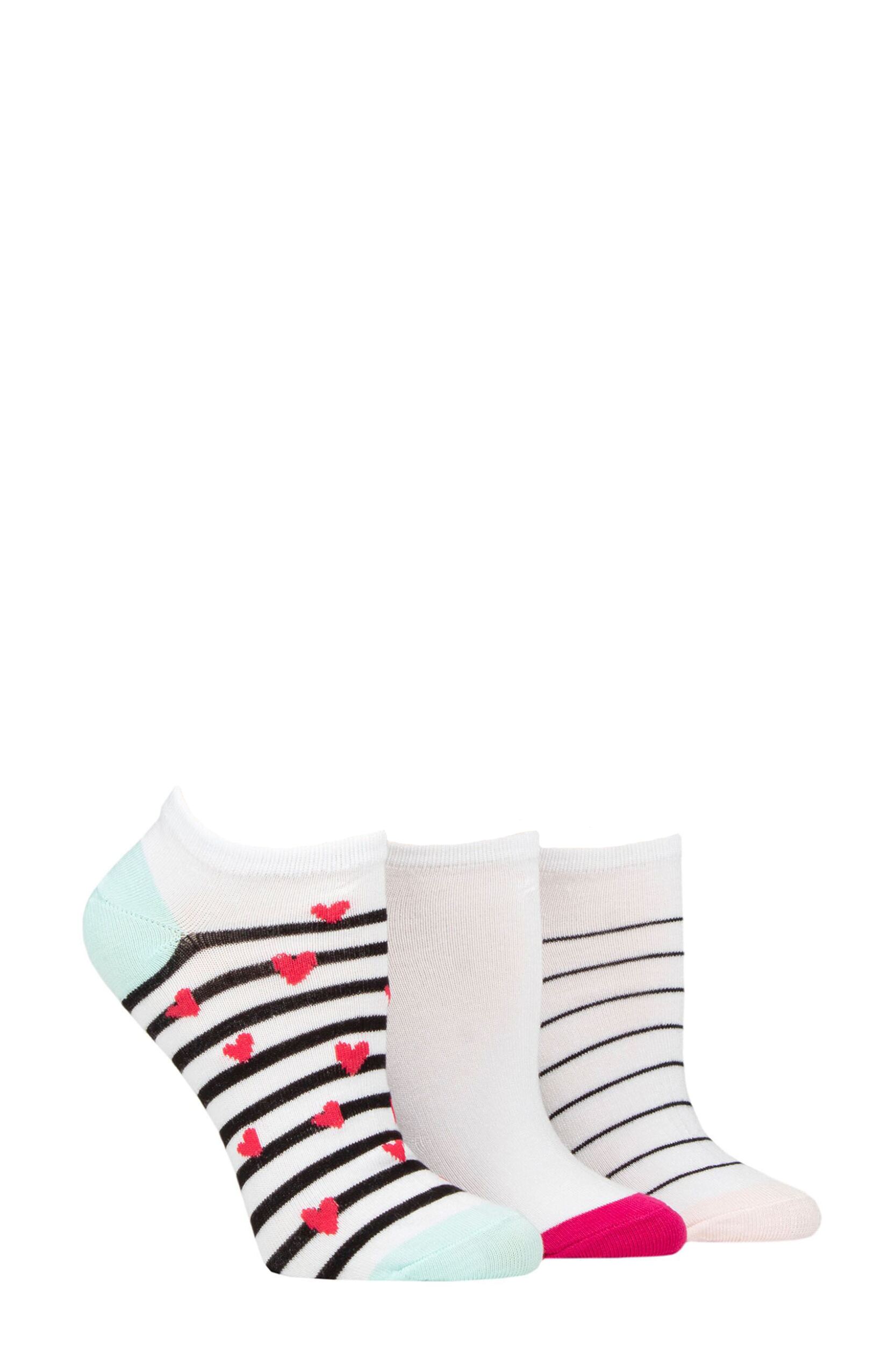 Women's 3 Pair Wildfeet Plain, Patterned and Contrast Heel Bamboo Trainer Socks White Hearts and Stripes 4-8 Ladies