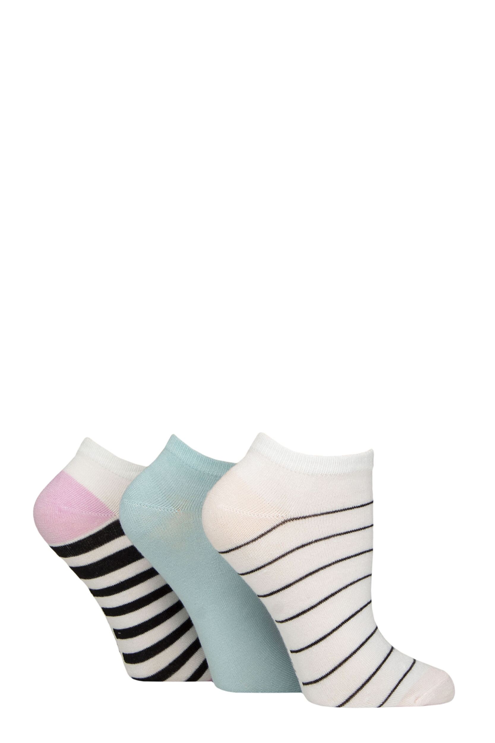 Women's 3 Pair Wildfeet Plain, Patterned and Contrast Heel Bamboo Trainer Socks White Stripe 4-8