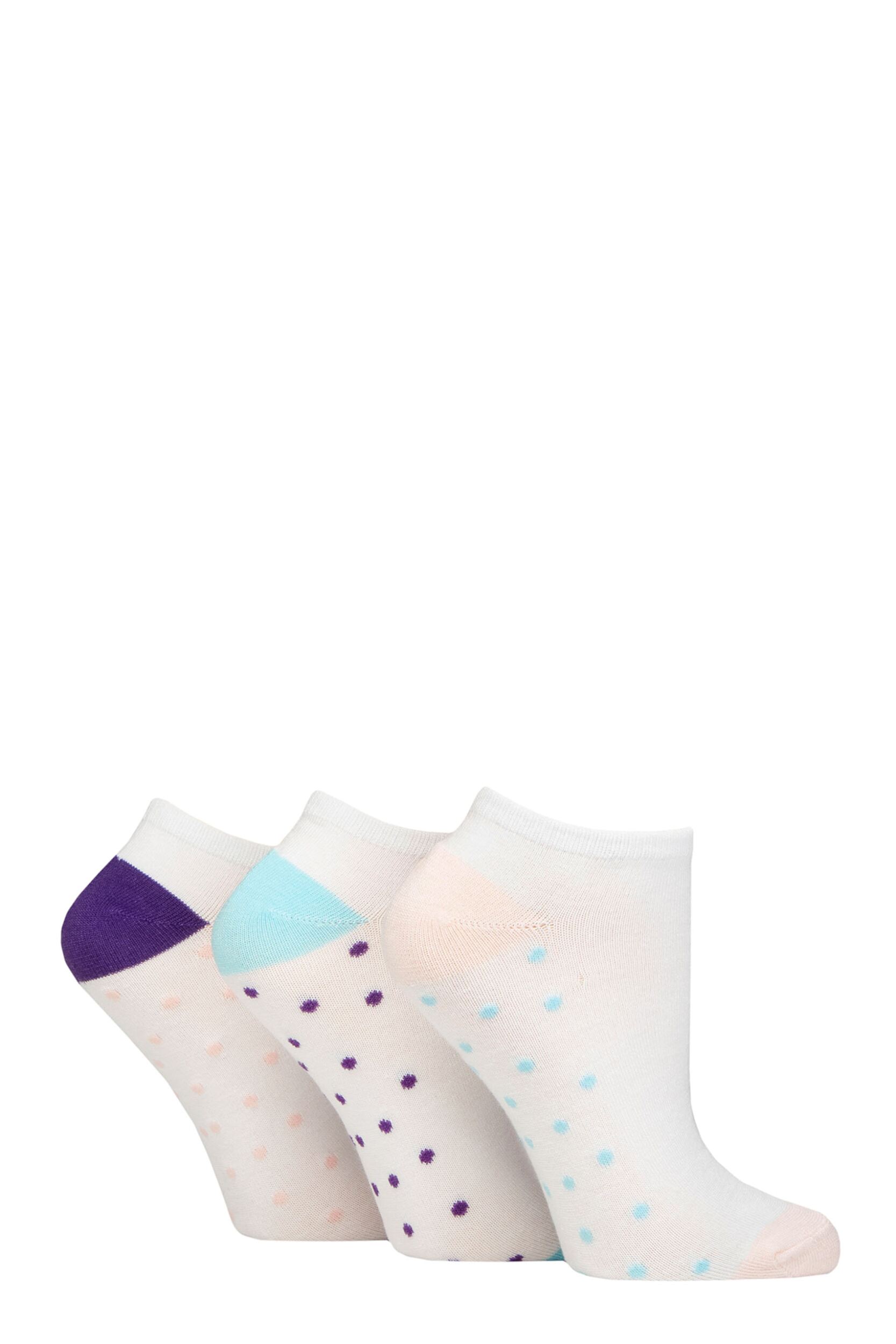 Women's 3 Pair Wildfeet Plain, Patterned and Contrast Heel Bamboo Trainer Socks Spotty Sole White Pink / Blue 4-8