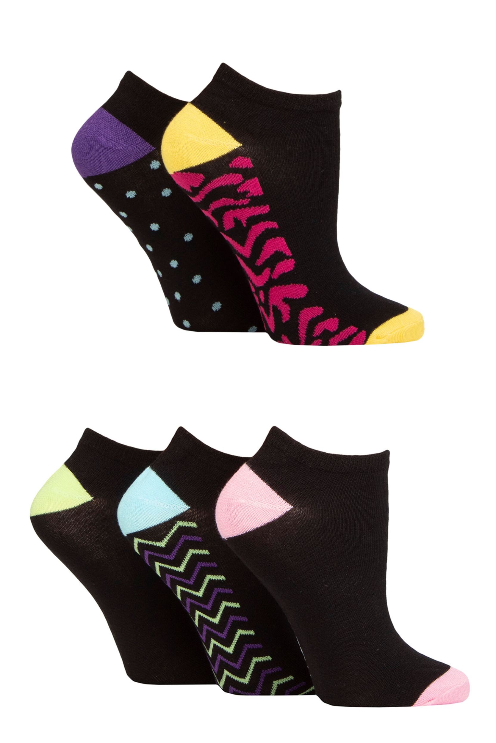 Women's 5 Pair SOCKSHOP Wildfeet Patterned Bamboo Trainer Socks Patterned Soles Black 4-8