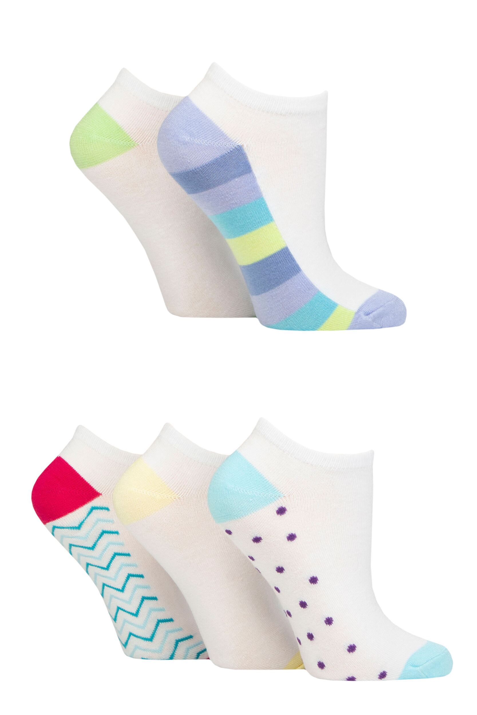 Women's 5 Pair SOCKSHOP Wildfeet Patterned Bamboo Trainer Socks Patterned Soles White 4-8
