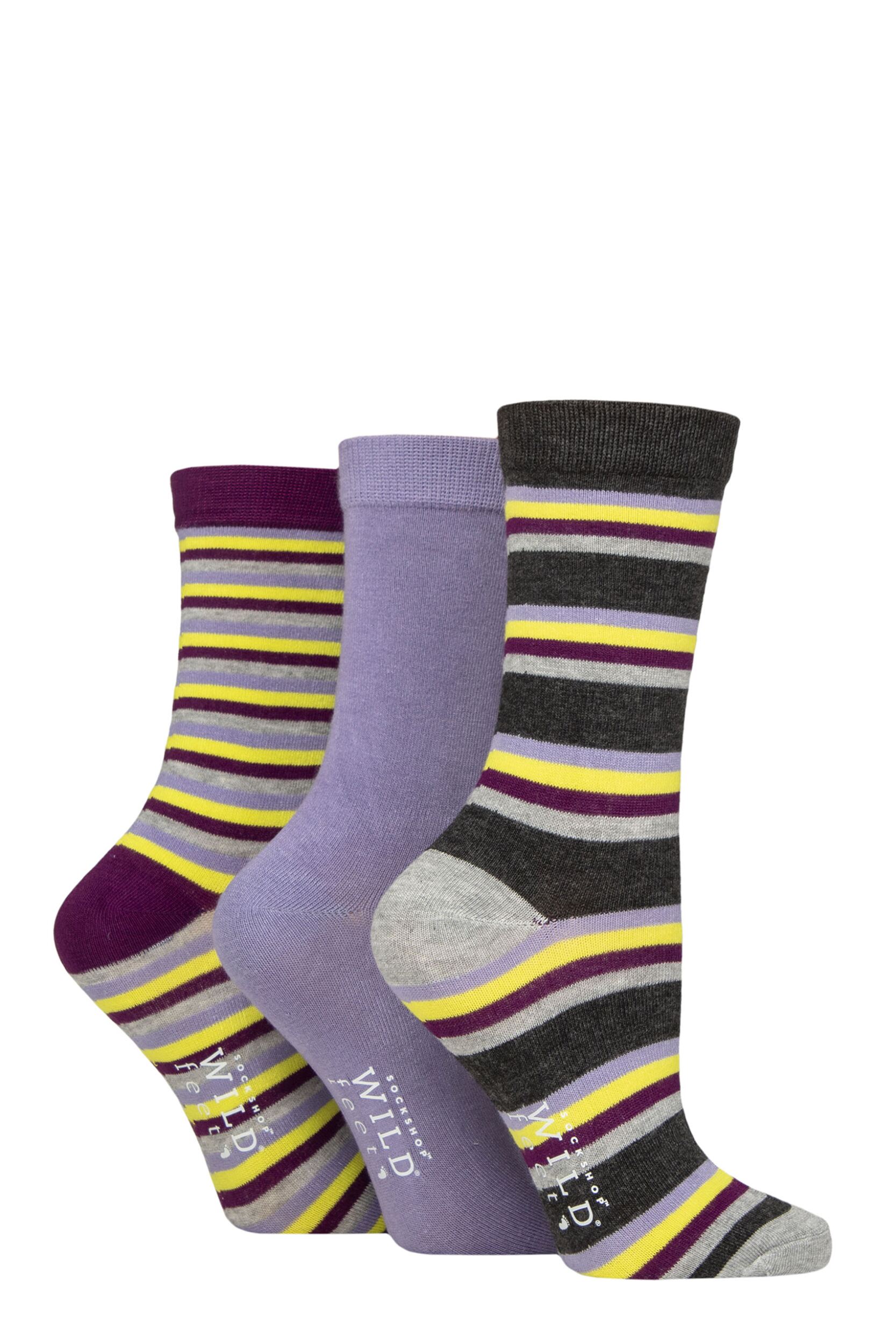Image of Women's 3 Pair SOCKSHOP Wildfeet Patterned Bamboo Socks Stripes Charcoal 4-8
