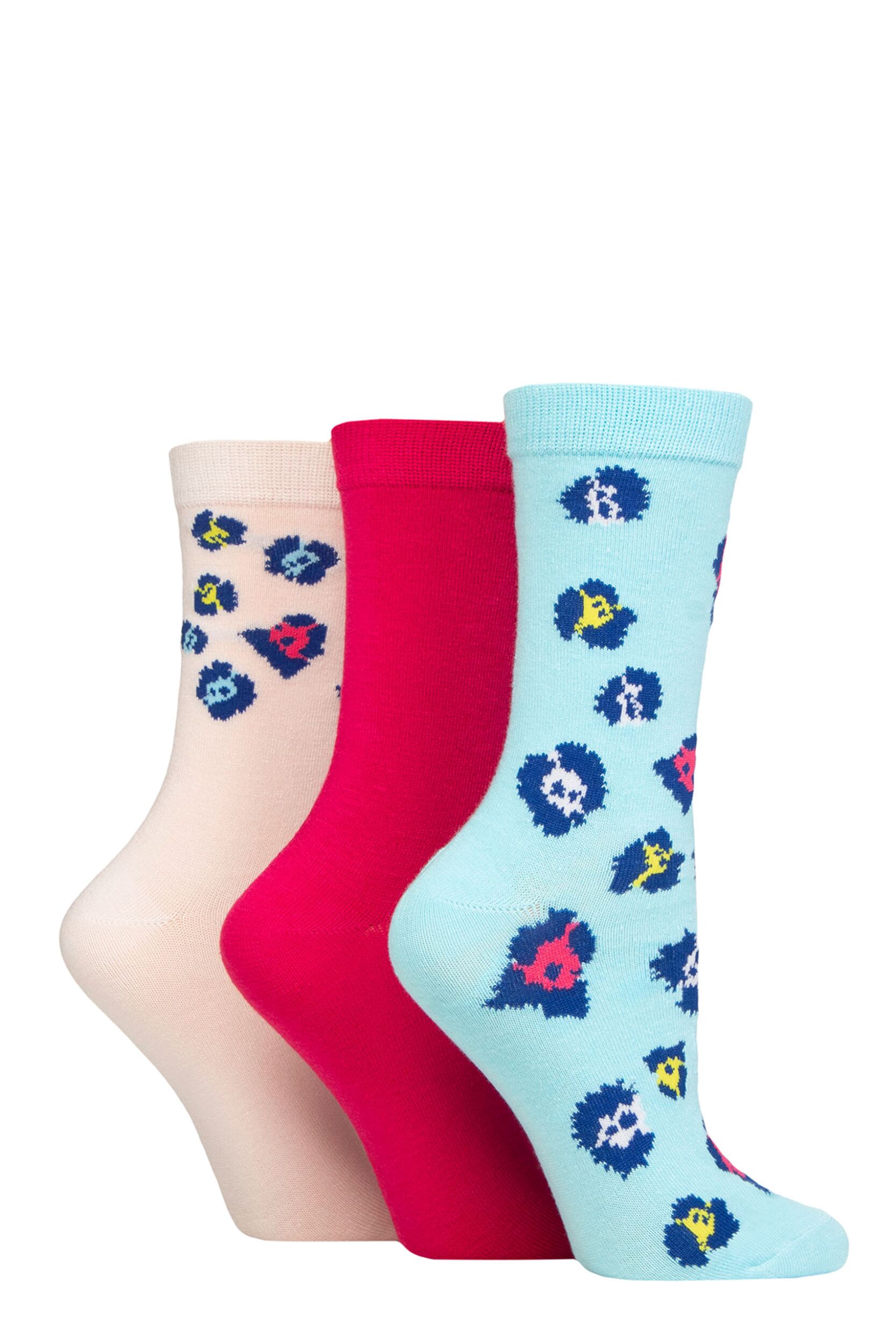 Image of Women's 3 Pair SOCKSHOP Wildfeet Patterned Bamboo Socks Animal Blue / Pinks 4-8