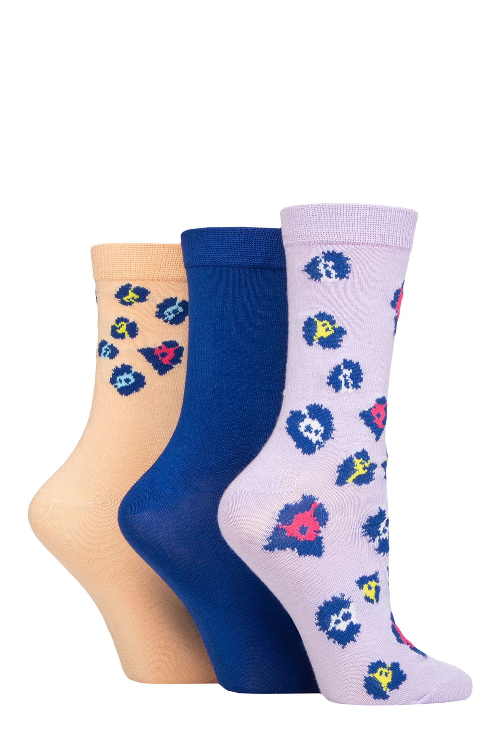 Women's 3 Pair SOCKSHOP Wildfeet Patterned Bamboo Socks Animal Lilac / Navy / Peach 4-8