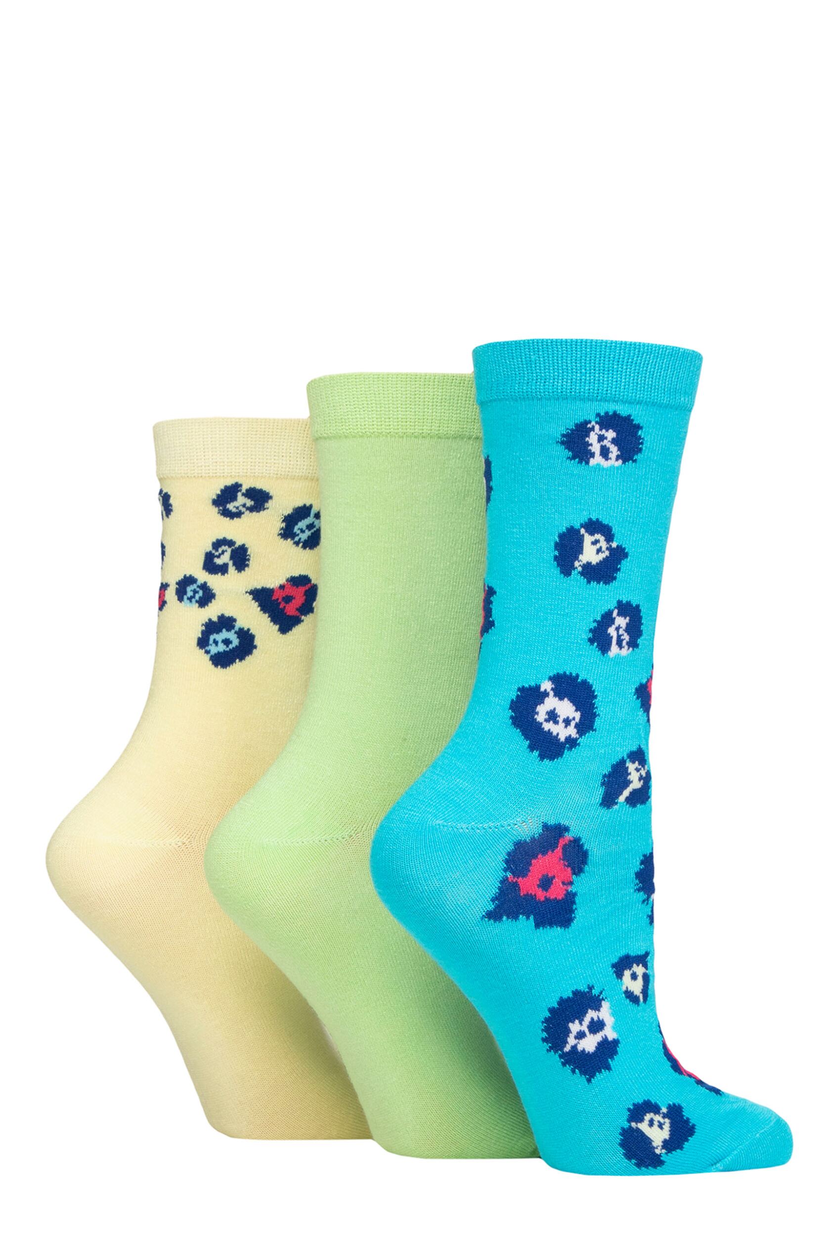 Women's 3 Pair SOCKSHOP Wildfeet Patterned Bamboo Socks Animal Blue / Green / Yellow 4-8