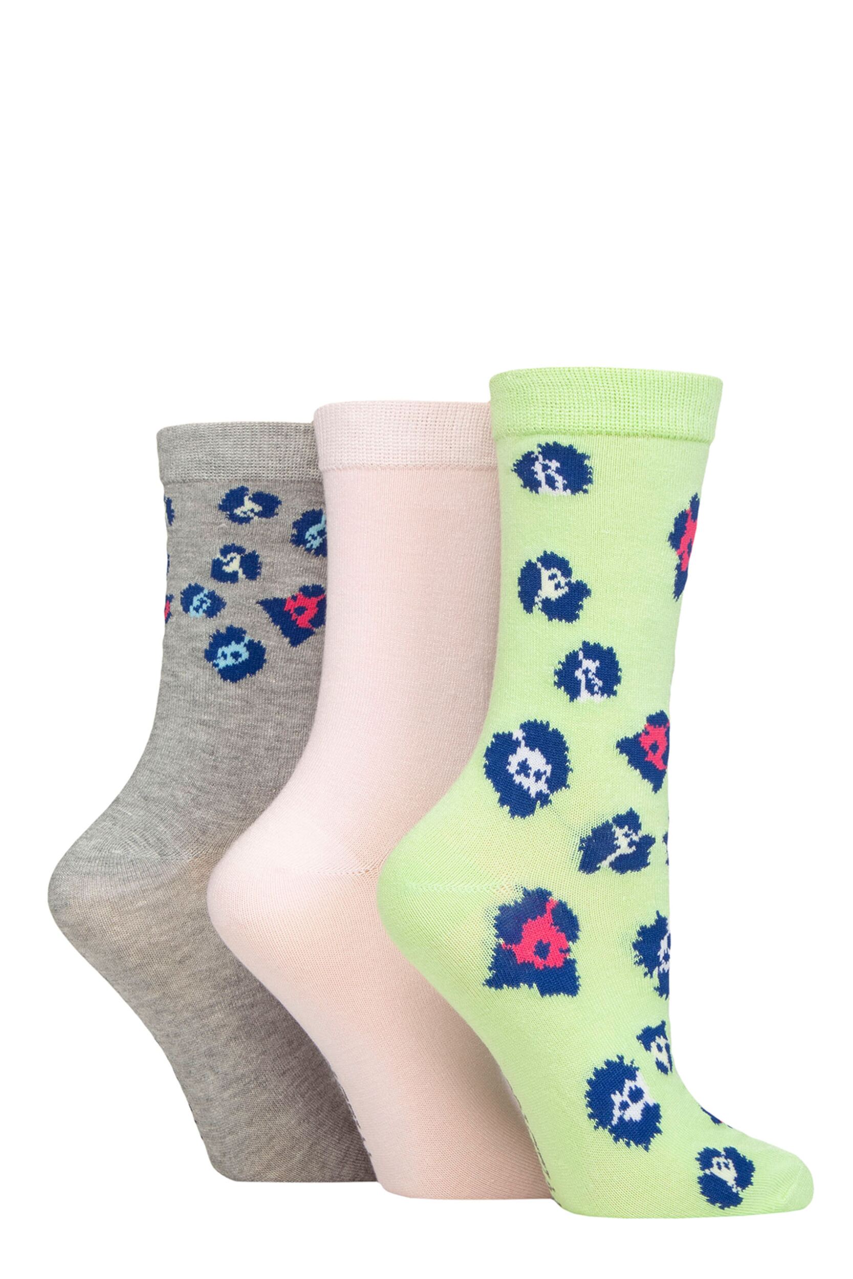 Image of Women's 3 Pair SOCKSHOP Wildfeet Patterned Bamboo Socks Animal Green / Pink / Grey 4-8