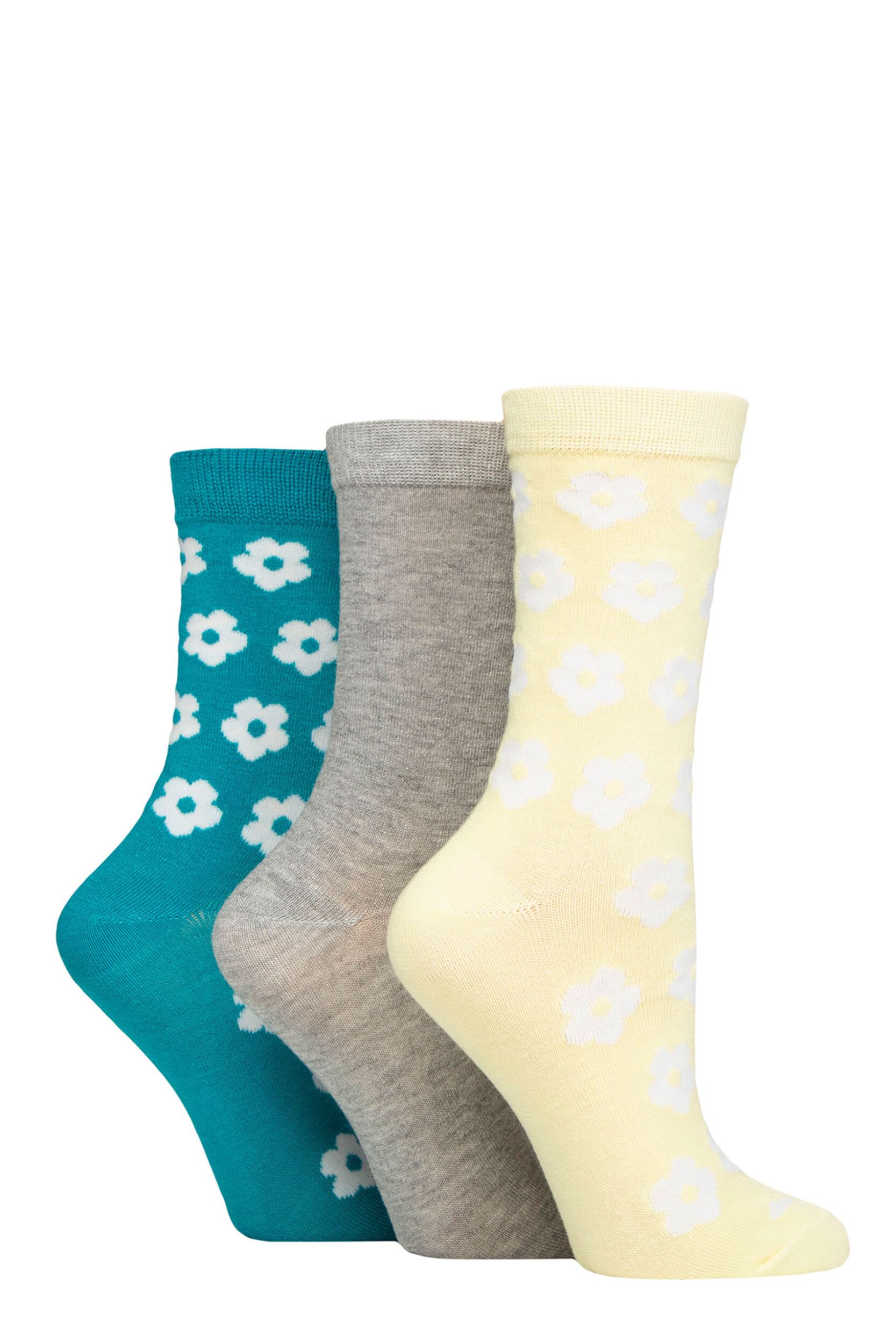Image of Women's 3 Pair SOCKSHOP Wildfeet Patterned Bamboo Socks Flowers Yellow / Grey / Teal 4-8