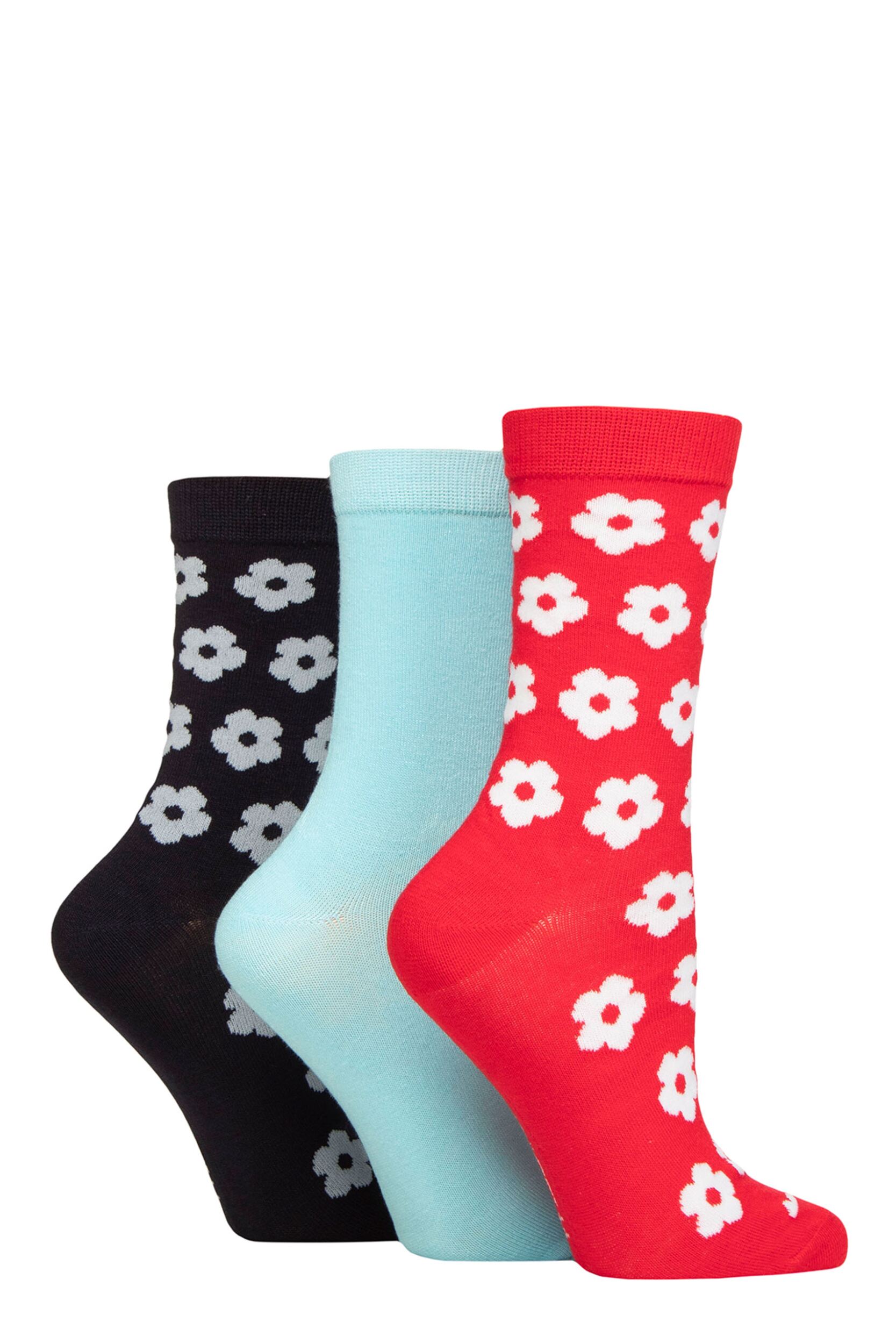 Image of Women's 3 Pair SOCKSHOP Wildfeet Patterned Bamboo Socks Flowers Red / Blue / Navy 4-8