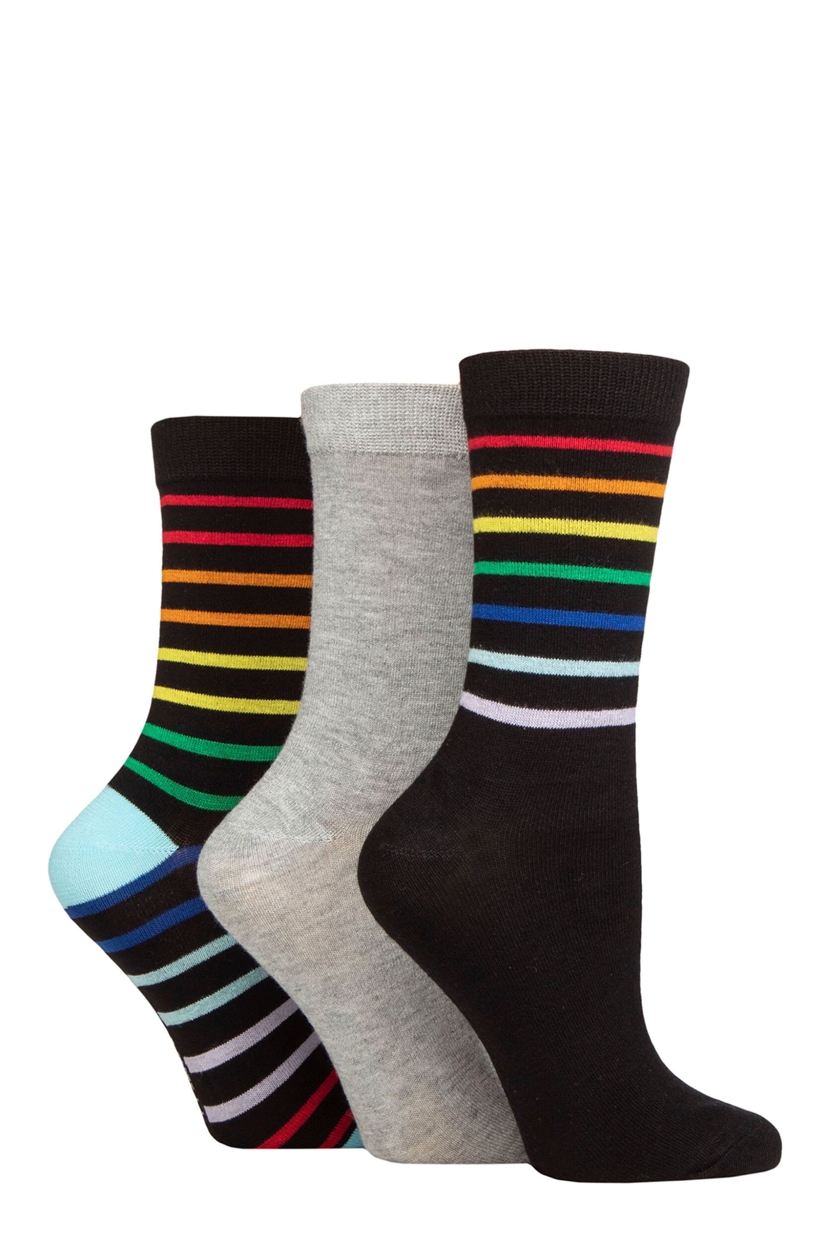 Image of Women's 3 Pair SOCKSHOP Wildfeet Patterned Bamboo Socks Rainbow Stripe Black 4-8