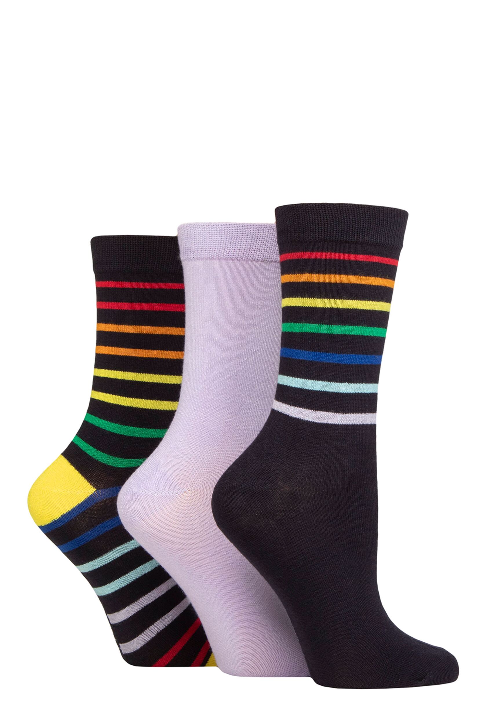 Image of Women's 3 Pair SOCKSHOP Wildfeet Patterned Bamboo Socks Rainbow Stripe Navy 4-8