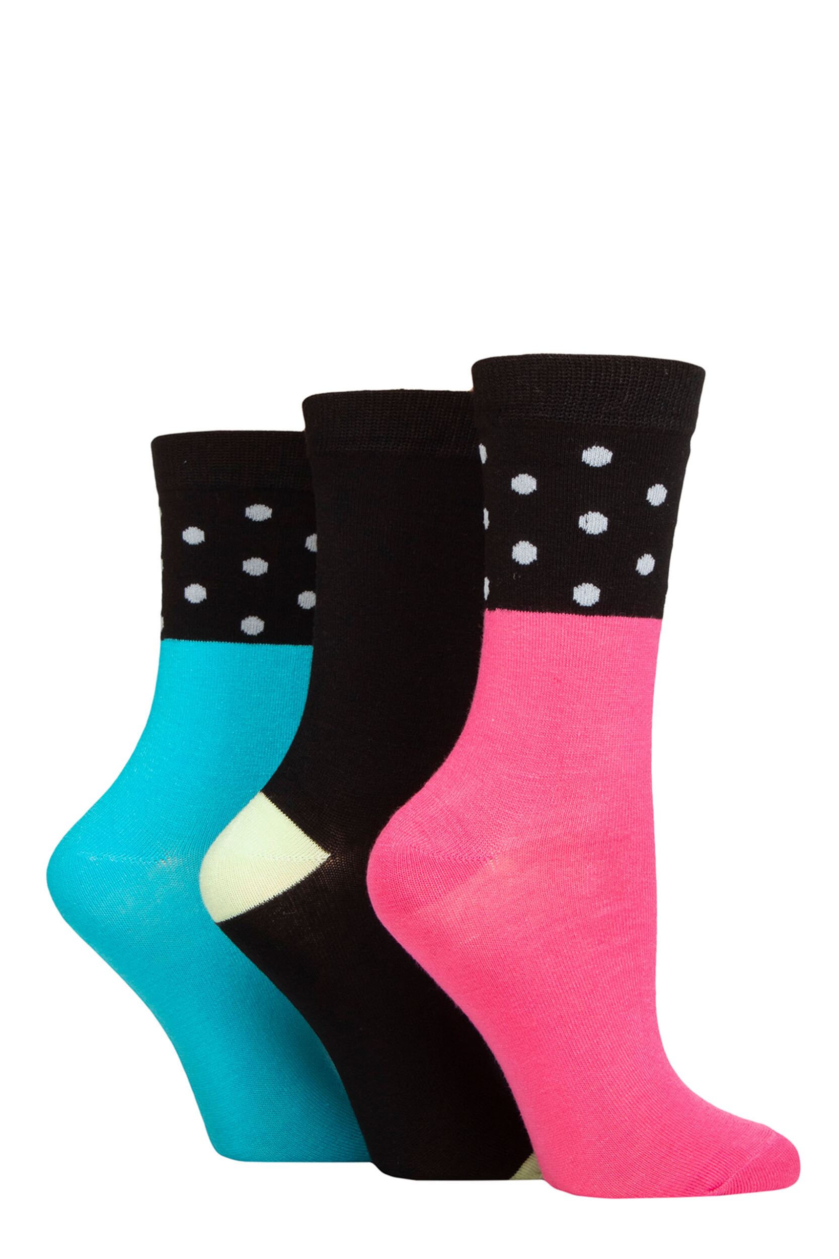 Image of Women's 3 Pair SOCKSHOP Wildfeet Patterned Bamboo Socks Spots Black / Pink / Blue 4-8