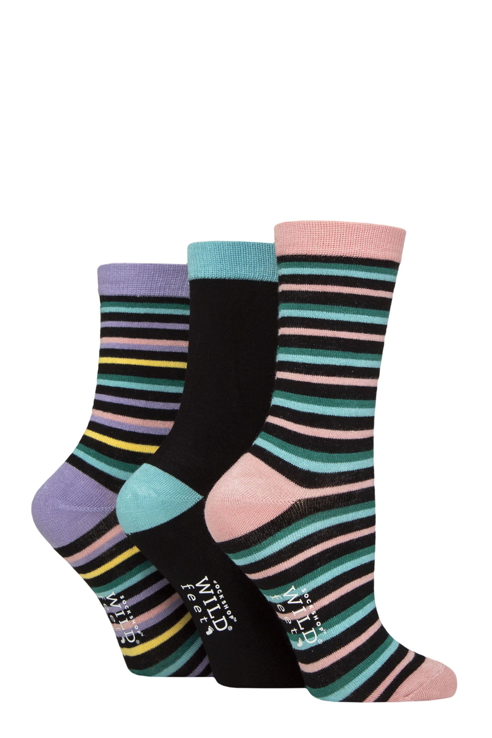 Women's 3 Pair SOCKSHOP Wildfeet Patterned Bamboo Socks Multi Stripes Black 4-8