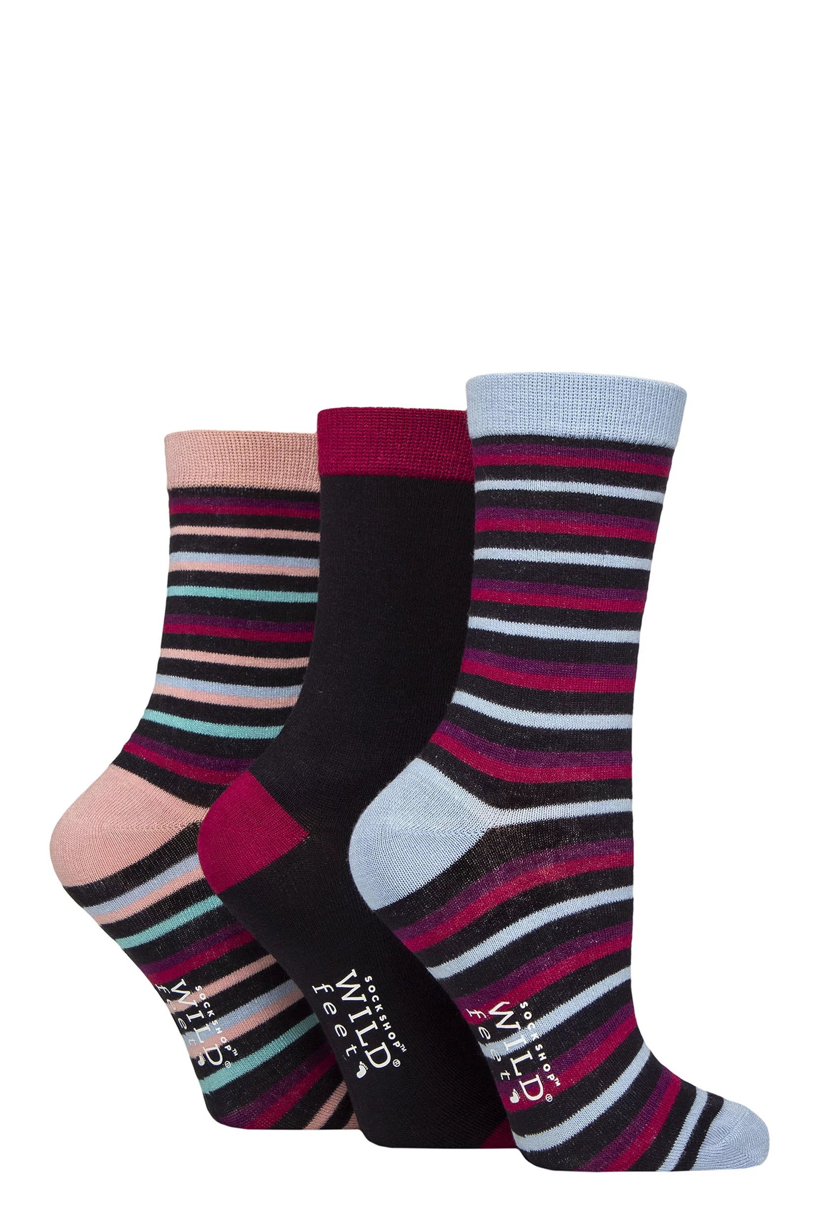 Women's 3 Pair SOCKSHOP Wildfeet Patterned Bamboo Socks Multi Stripes Navy 4