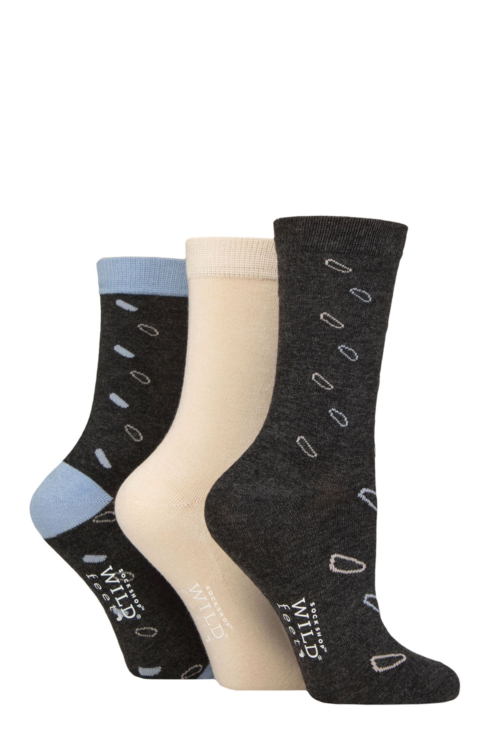 Image of Women's 3 Pair SOCKSHOP Wildfeet Patterned Bamboo Socks Oval Charcoal 4-8