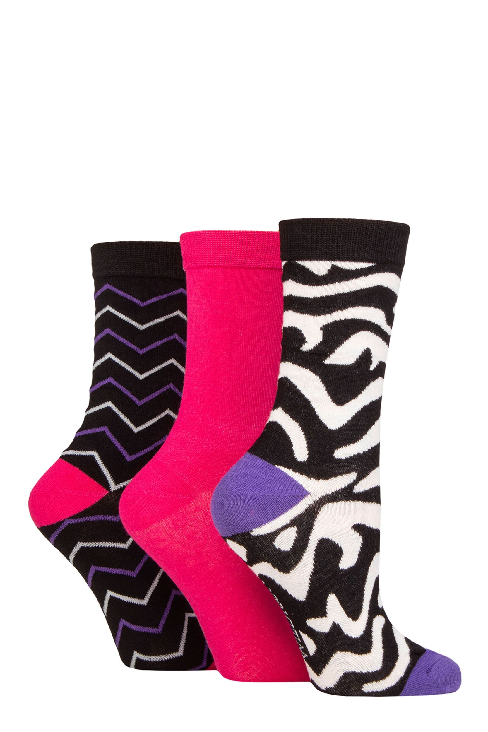 Women's 3 Pair SOCKSHOP Wildfeet Patterned Bamboo Socks Animal Print Black 4-8 Ladies